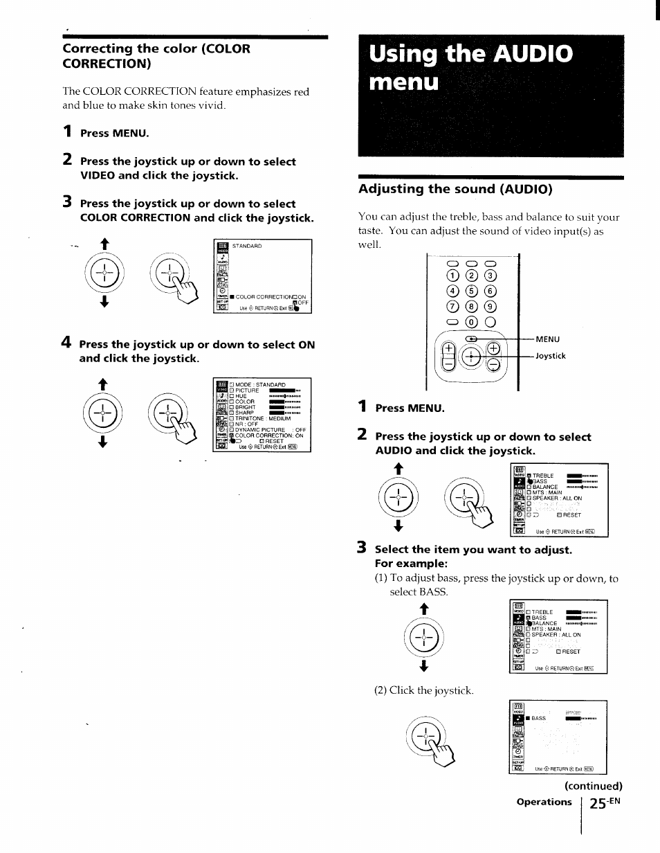 Correcting the color (color correction), Using the audio, Menu | 1 press menu, Adjusting the sound (audio), Press menu, Using the audio menu, Select the item you want to adjust. for example | Sony KP-61XBR48 User Manual | Page 25 / 95