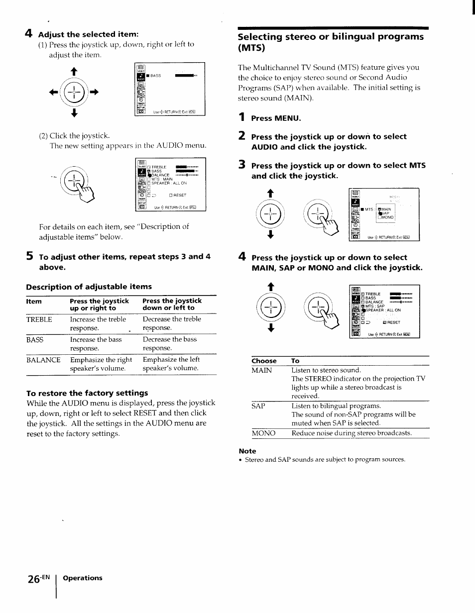 4 adjust the selected item, Description of adjustable items, To restore the factory settings | Selecting stereo or bilingual programs (mts), Press menu | Sony KP-61XBR48 User Manual | Page 26 / 95