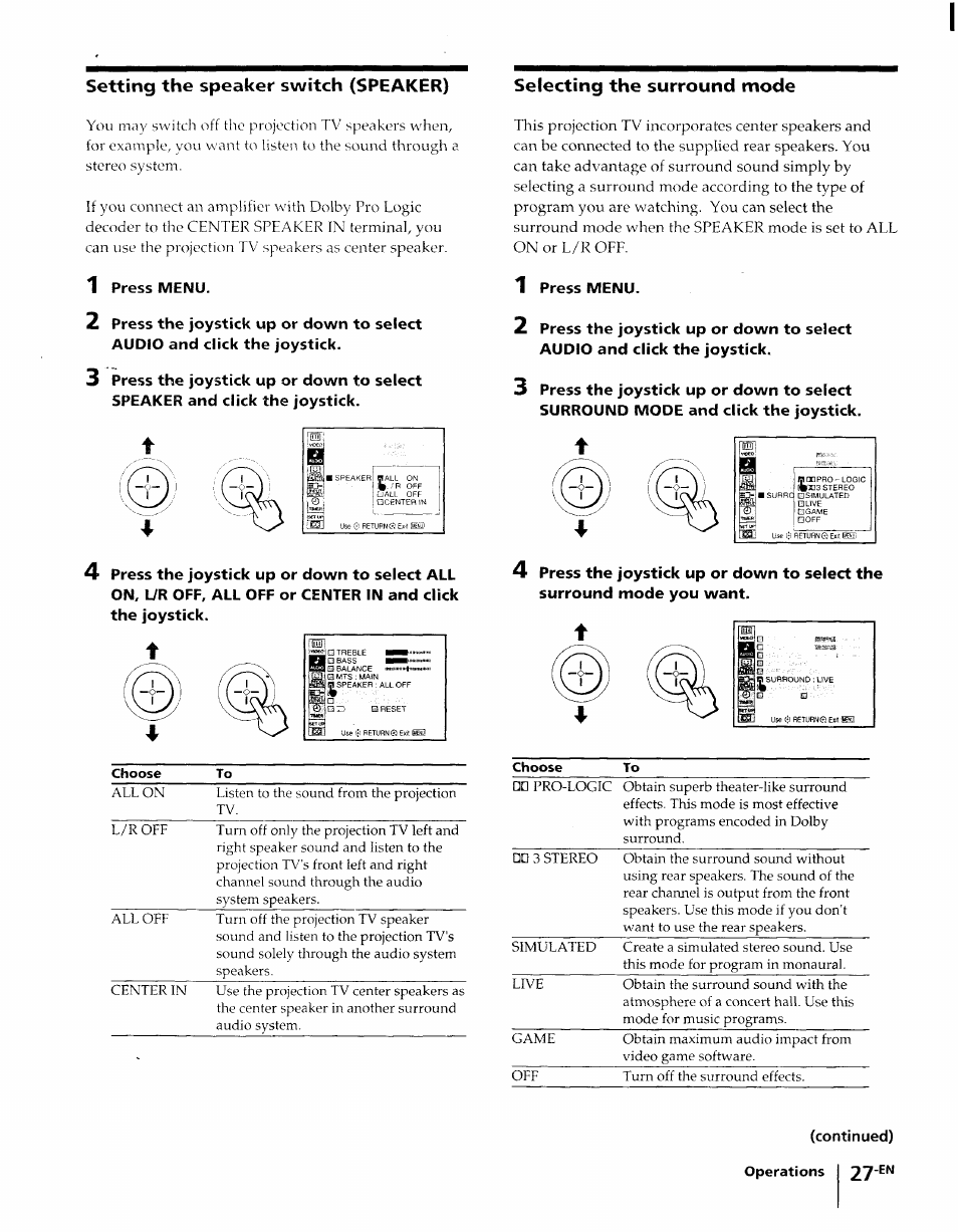 Setting the speaker switch (speaker), Selecting the surround mode | Sony KP-61XBR48 User Manual | Page 27 / 95
