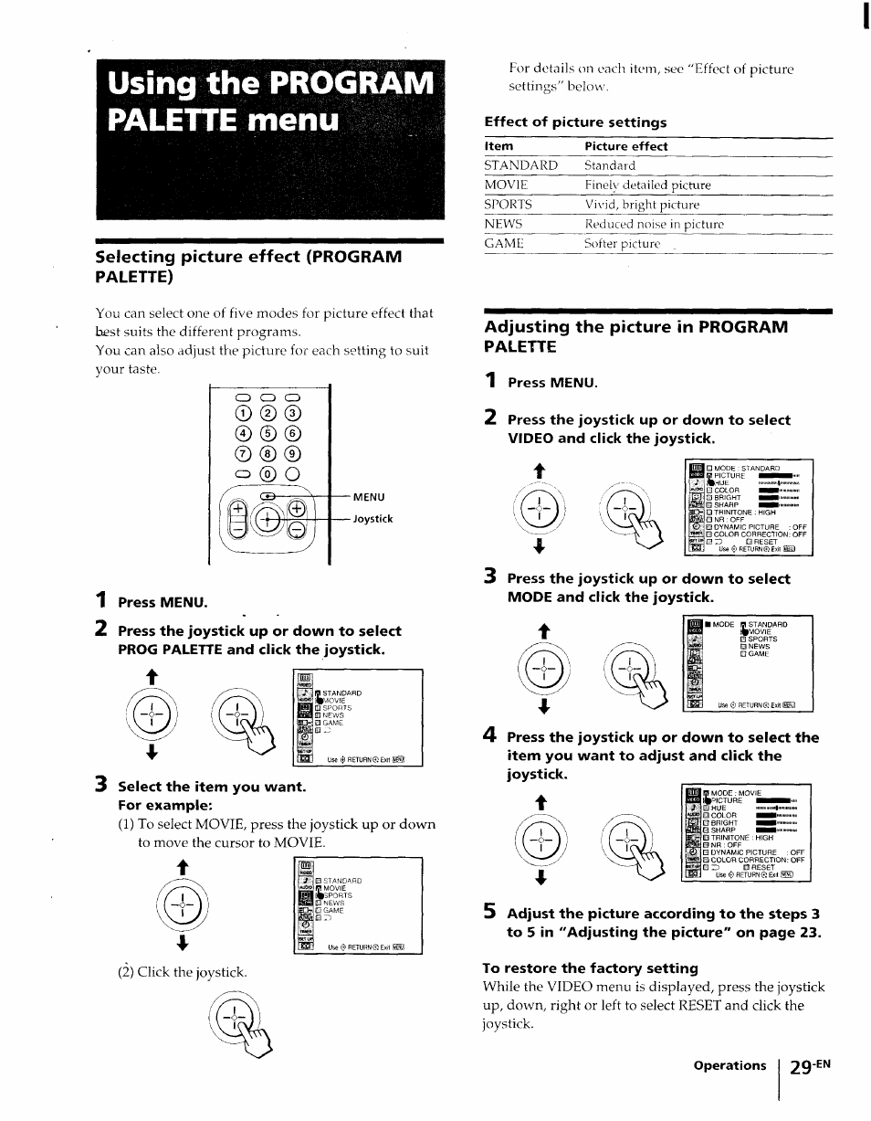 Selecting picture effect (program palette), Adjusting the picture in program palette, Using the program palette menu | Select the item you want. for example, Effect of picture settings, 1 press menu | Sony KP-61XBR48 User Manual | Page 29 / 95