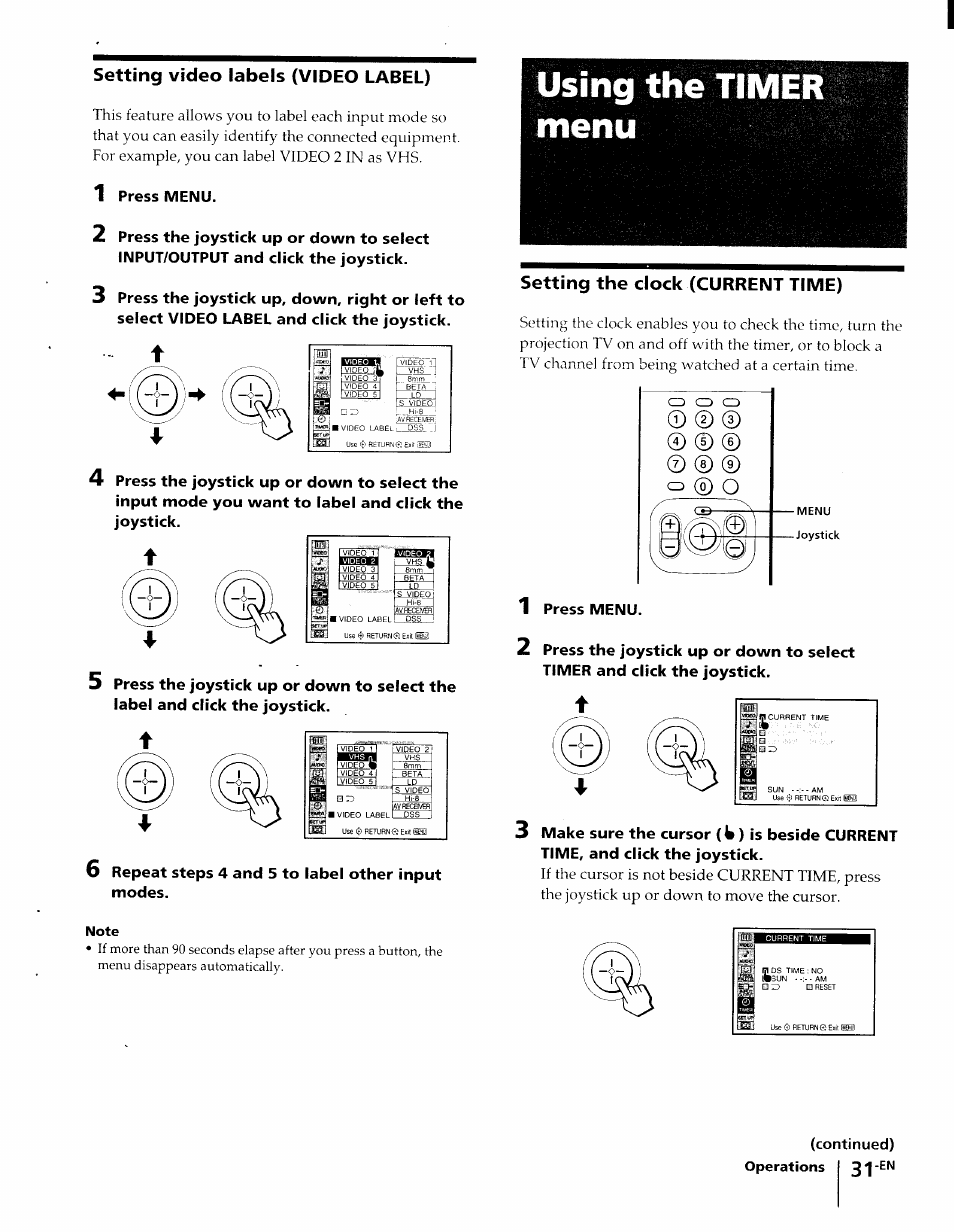 Setting video labels (video label), Setting the clock (current time), Using the timer menu | Press menu, Repeat steps 4 and 5 to label other input modes, 1 press menu, O ® o | Sony KP-61XBR48 User Manual | Page 31 / 95