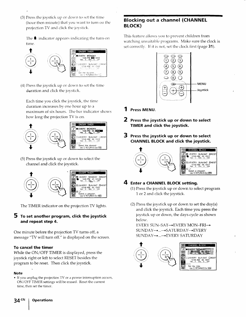 To cancel the timer, Press menu, 4 enter a channel block setting | Blocking out a channel (channel block), Enter a channel block setting, The timer indicator on the projection tv lights | Sony KP-61XBR48 User Manual | Page 34 / 95