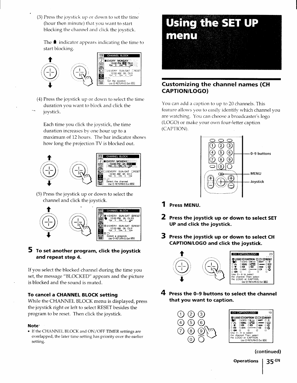 To cancel a channel block setting, Using the set up menu, Customizing the channel names (ch caption/logo) | 1 press menu | Sony KP-61XBR48 User Manual | Page 35 / 95