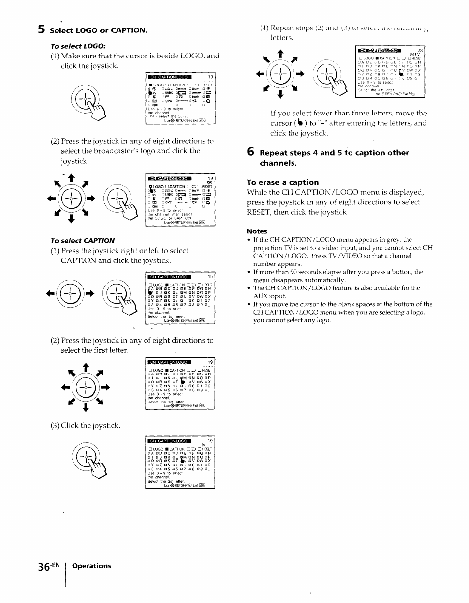 5 select logo or caption, Repeat steps 4 and 5 to caption other channels, To erase a caption | Select logo or caption, Pvc □ ci □ o t, D m □ om, Leiu letters, Ea i.':t<r«ua»«icta, Gits rtfefik gs), 3) click the joystick | Sony KP-61XBR48 User Manual | Page 36 / 95