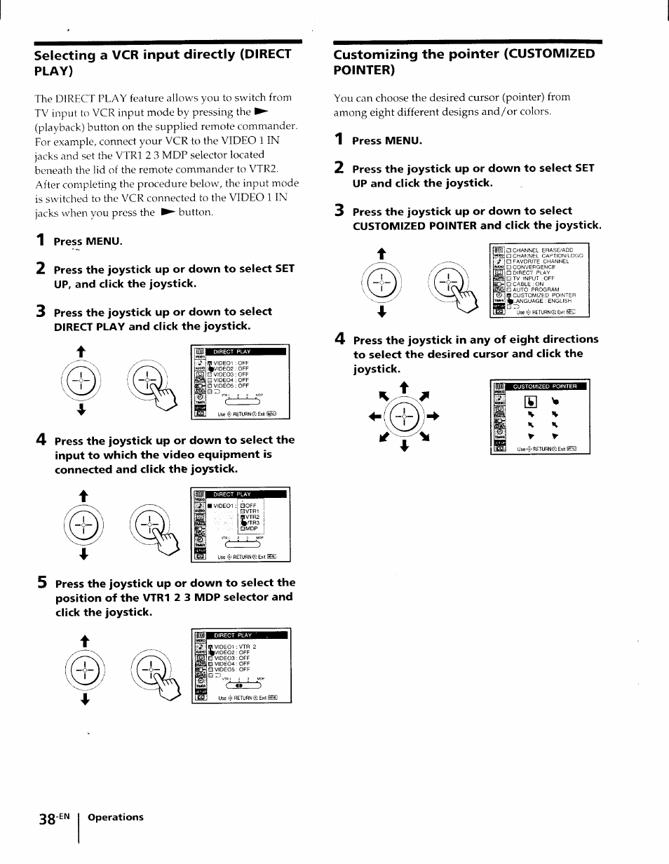Selecting a vcr input directly (direct play), Customizing the pointer (customized pointer), Press menu | Sony KP-61XBR48 User Manual | Page 38 / 95