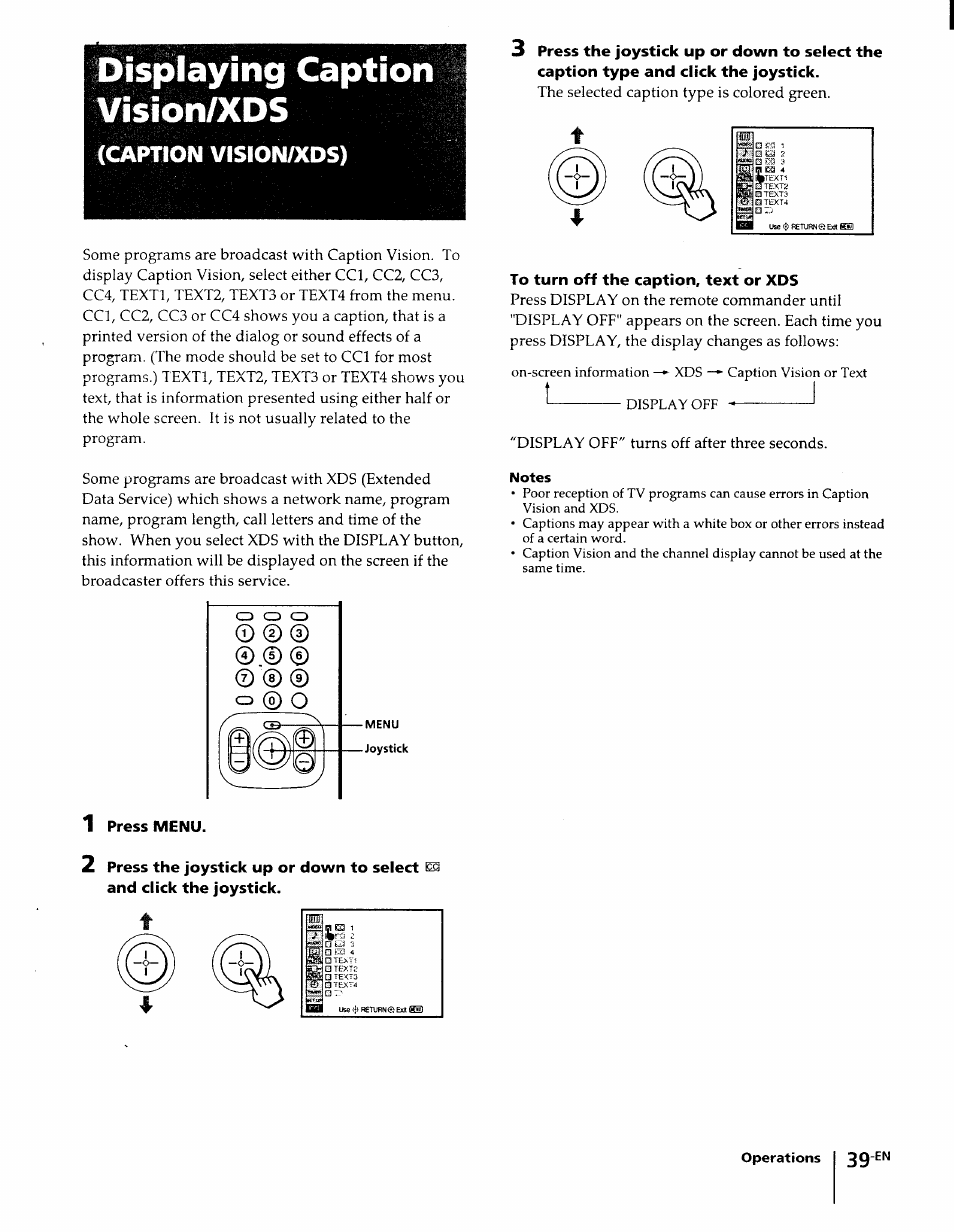 Displaying caption vision/xds, To turn off the caption, text or xds, Caption vision/xds) | Sony KP-61XBR48 User Manual | Page 39 / 95