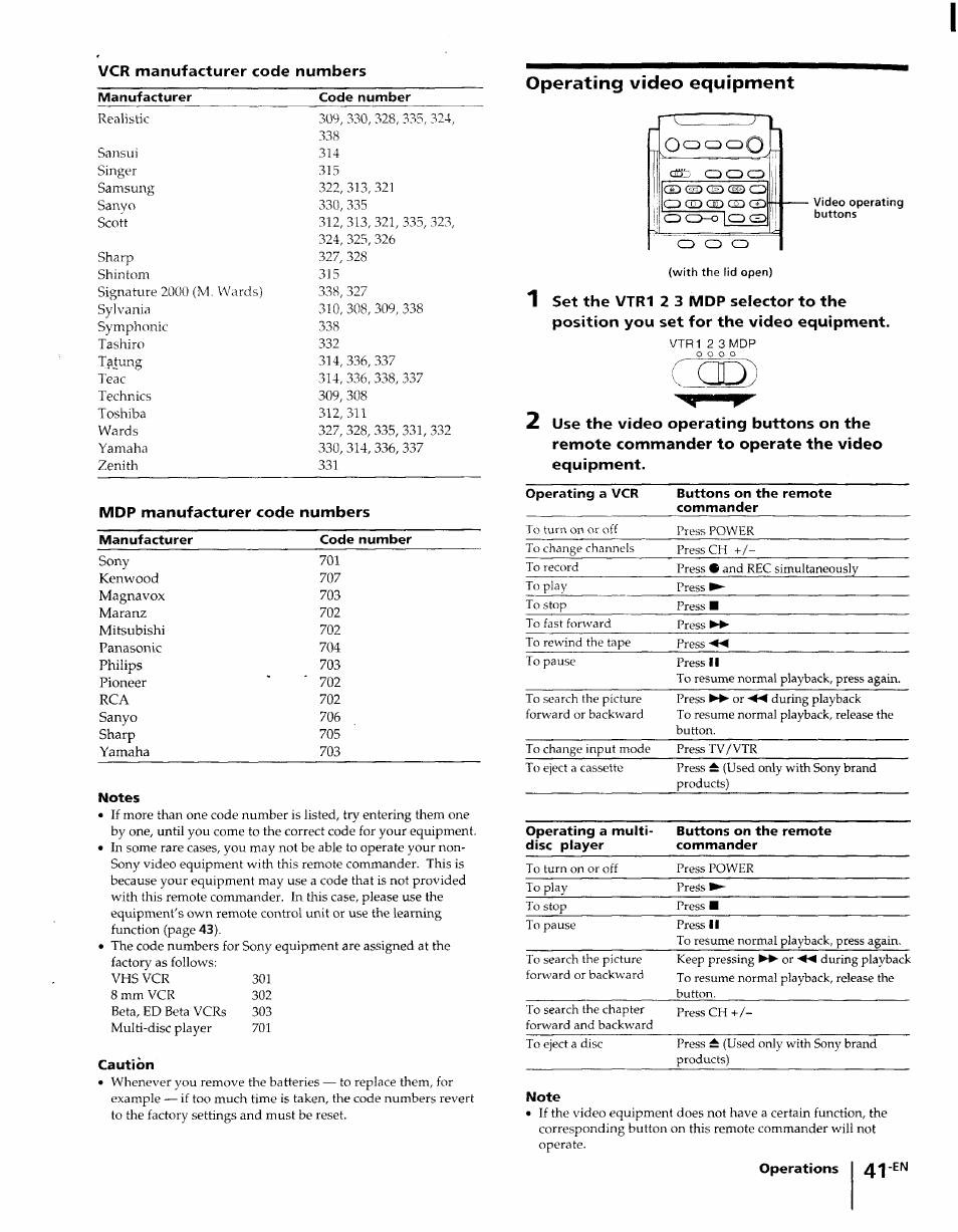 Vcr manufacturer code numbers, Operating video equipment | Sony KP-61XBR48 User Manual | Page 41 / 95