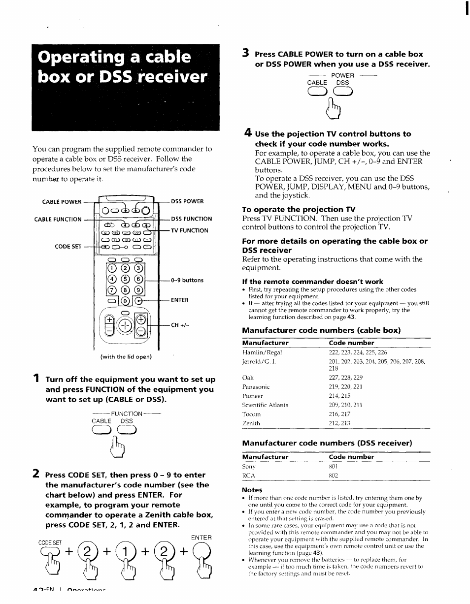 Operating a cable box or dss receiver, Cd cd, Cd o | Sony KP-61XBR48 User Manual | Page 43 / 95