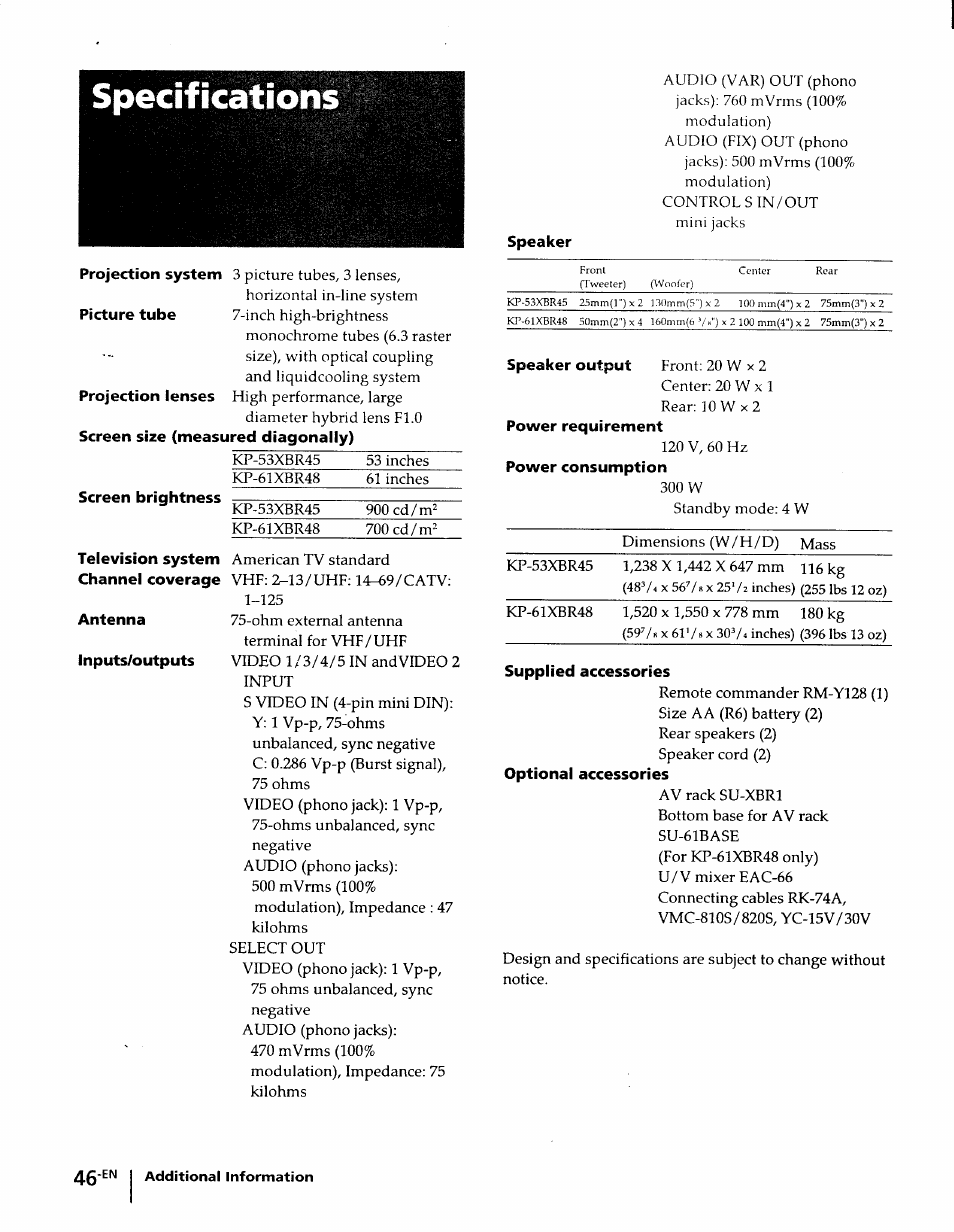 120 v, 60 hz power consumption, Supplied accessories, Optional accessories | Specifications, 300 w | Sony KP-61XBR48 User Manual | Page 47 / 95