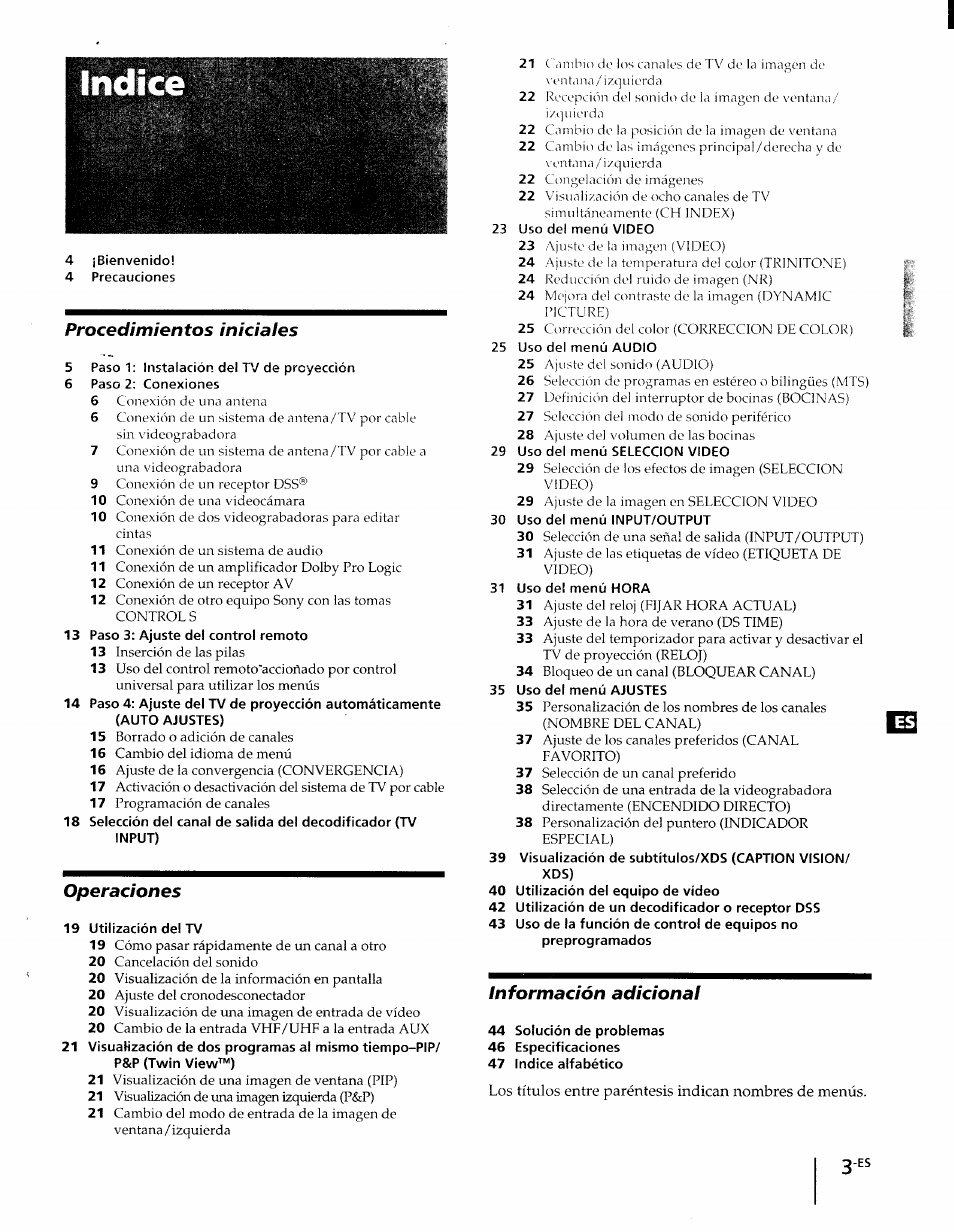 Procedimientos iniciales, Operaciones, Información adicional | Sony KP-61XBR48 User Manual | Page 49 / 95