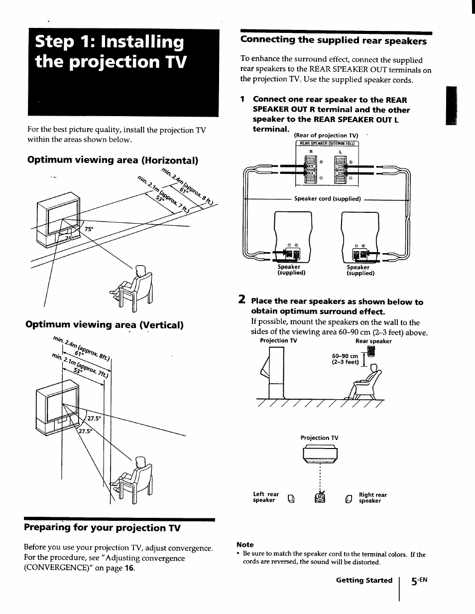 Step 1: installing the projection tv, Optimum viewing area (horizontal), Preparing for your projection tv | Sony KP-61XBR48 User Manual | Page 5 / 95