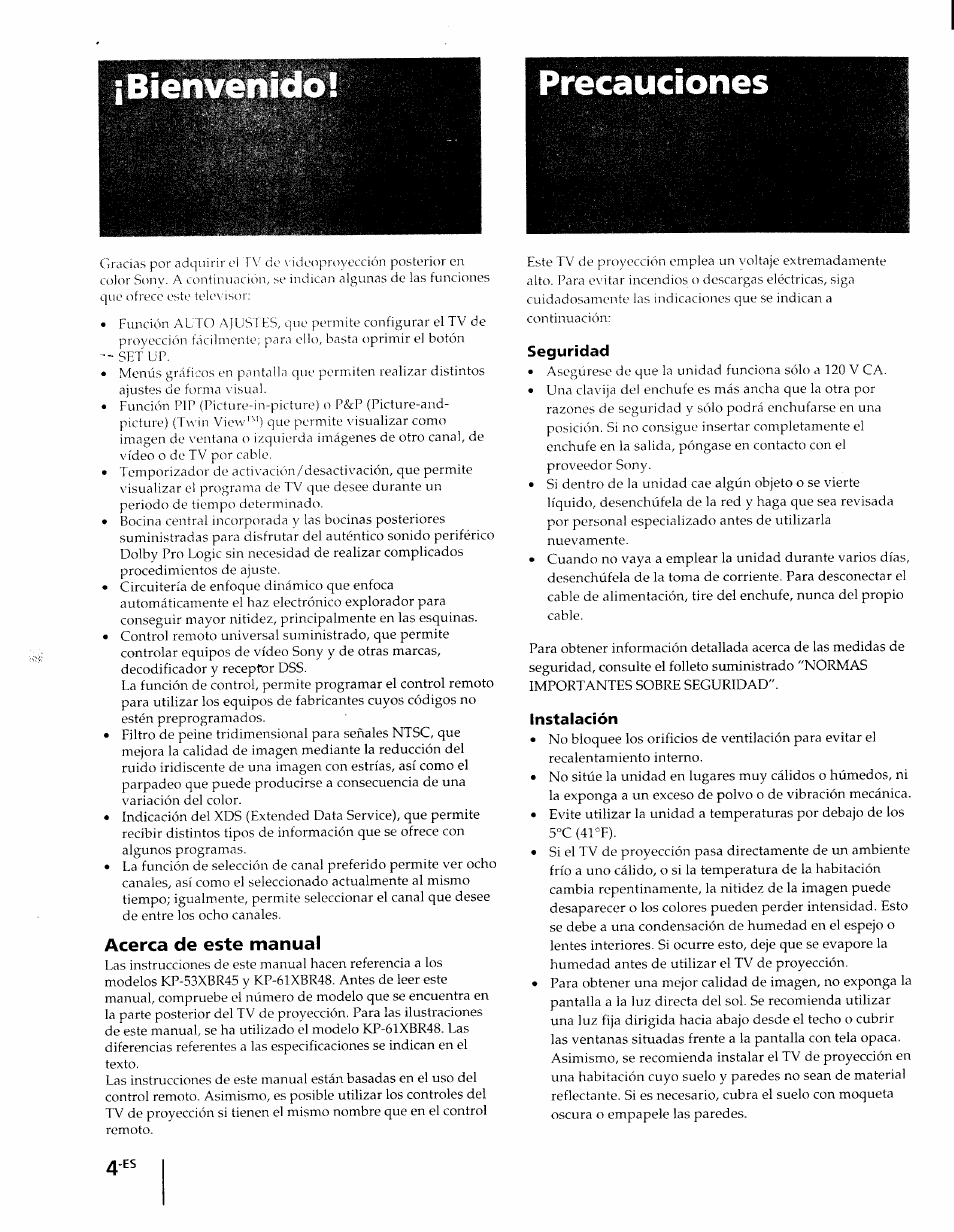 Precauciones, Acerca de este manual, Seguridad | Instalación | Sony KP-61XBR48 User Manual | Page 50 / 95