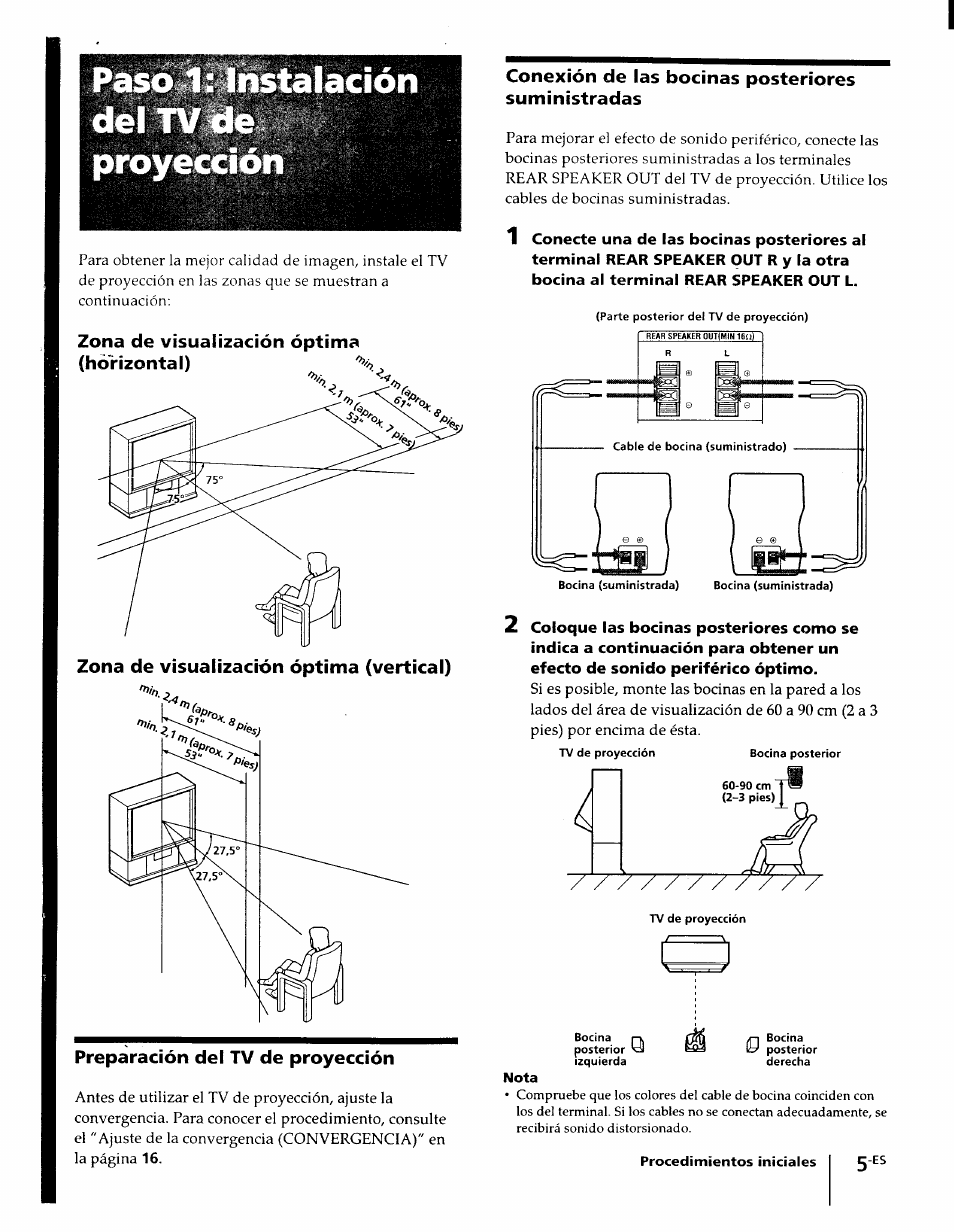 Zona de visualización óptima, Zona de visualización óptima (vertical), Preparación del tv de proyección | Conexión de las bocinas posteriores suministradas | Sony KP-61XBR48 User Manual | Page 51 / 95