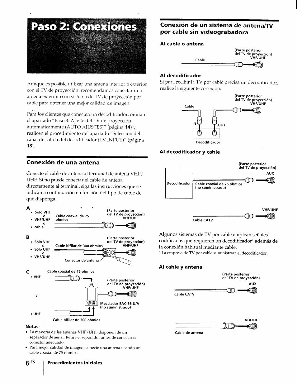 Conexión de una antena, Al cable o antena, Al decodificador | Al decodificador y cable, Al cable y antena | Sony KP-61XBR48 User Manual | Page 52 / 95