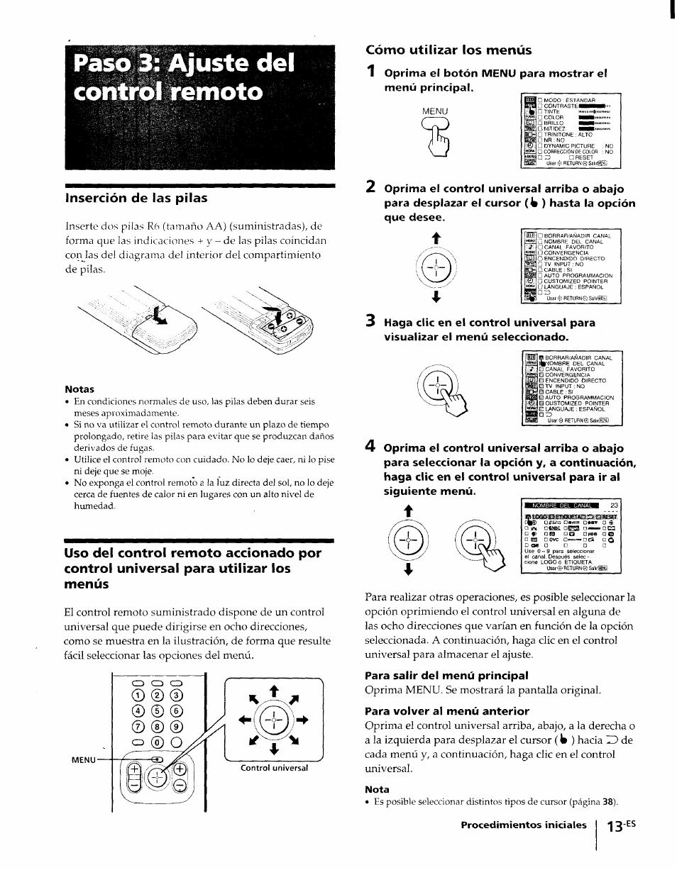 Paso 3: ajuste del control remoto, Inserción de las pilas, Cómo utilizar los menus | Para salir del menú principal, Para volver al menú anterior | Sony KP-61XBR48 User Manual | Page 59 / 95