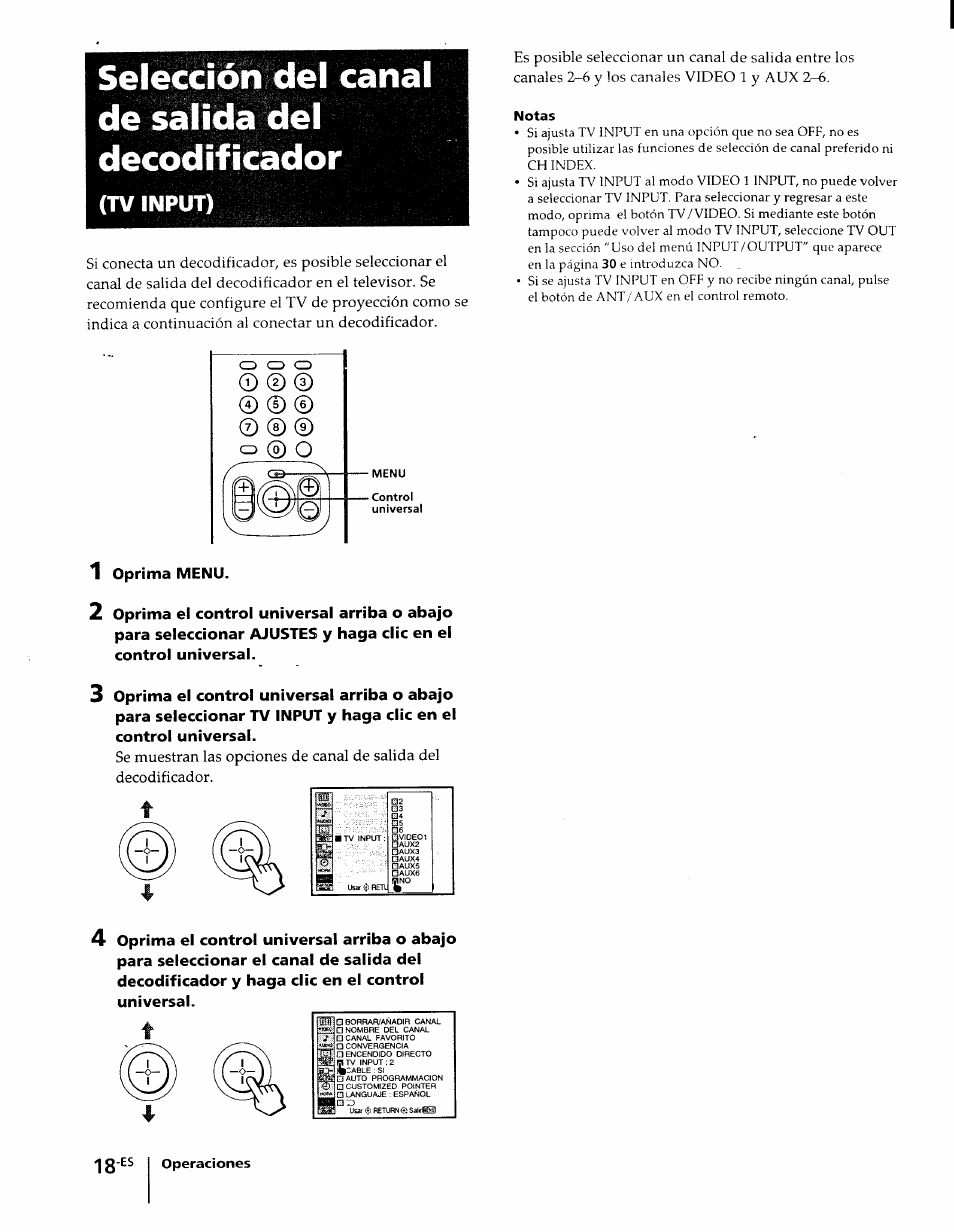 Selección del canal de salida del decodificador, Tv input) | Sony KP-61XBR48 User Manual | Page 64 / 95
