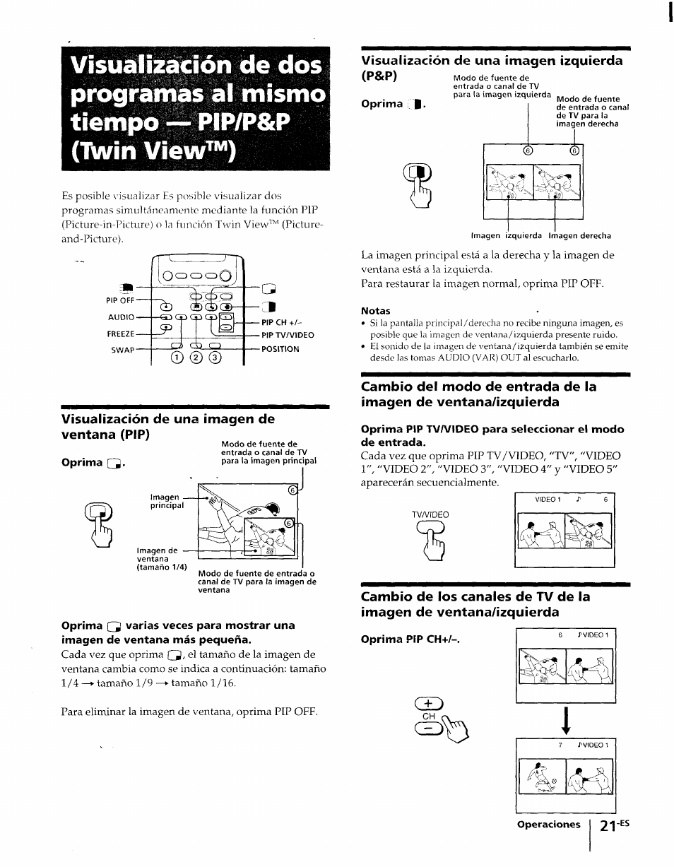 Visualización de una imagen de ventana (pip), Visualización de una imagen izquierda (p&p), Oprima | Oprima pip ch | Sony KP-61XBR48 User Manual | Page 67 / 95