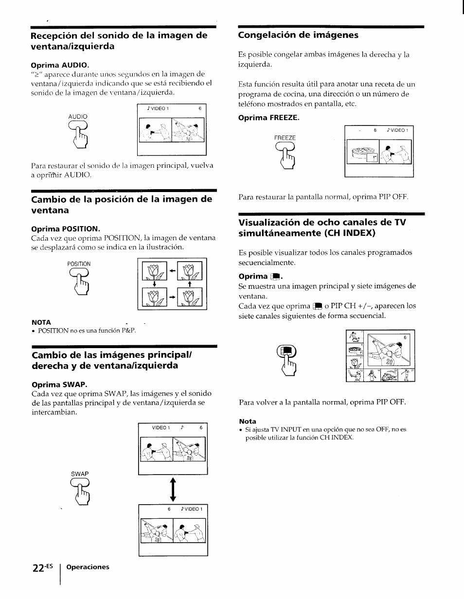Oprima audio, Cambio de la posición de la imagen de ventana, Oprima position | Oprima swap, Congelación de imágenes, Va >a | Sony KP-61XBR48 User Manual | Page 68 / 95