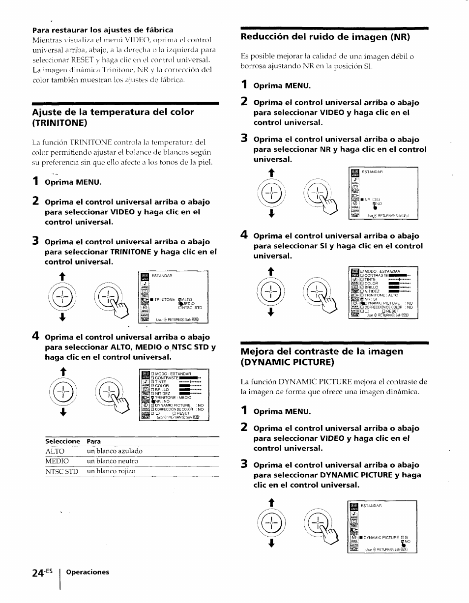 Ajuste de la temperatura del color (trinitone), Reducción del ruido de imagen (nr), Mejora del contraste de la imagen | Dynamic picture), Para restaurar los ajustes de fábrica, Oprima menu | Sony KP-61XBR48 User Manual | Page 71 / 95