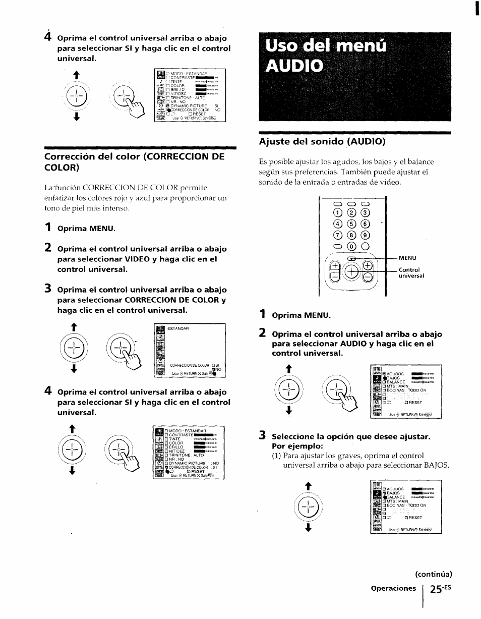 Uso del menù audio, Corrección del color (correccion de color), Ajuste del sonido (audio) | Sony KP-61XBR48 User Manual | Page 72 / 95
