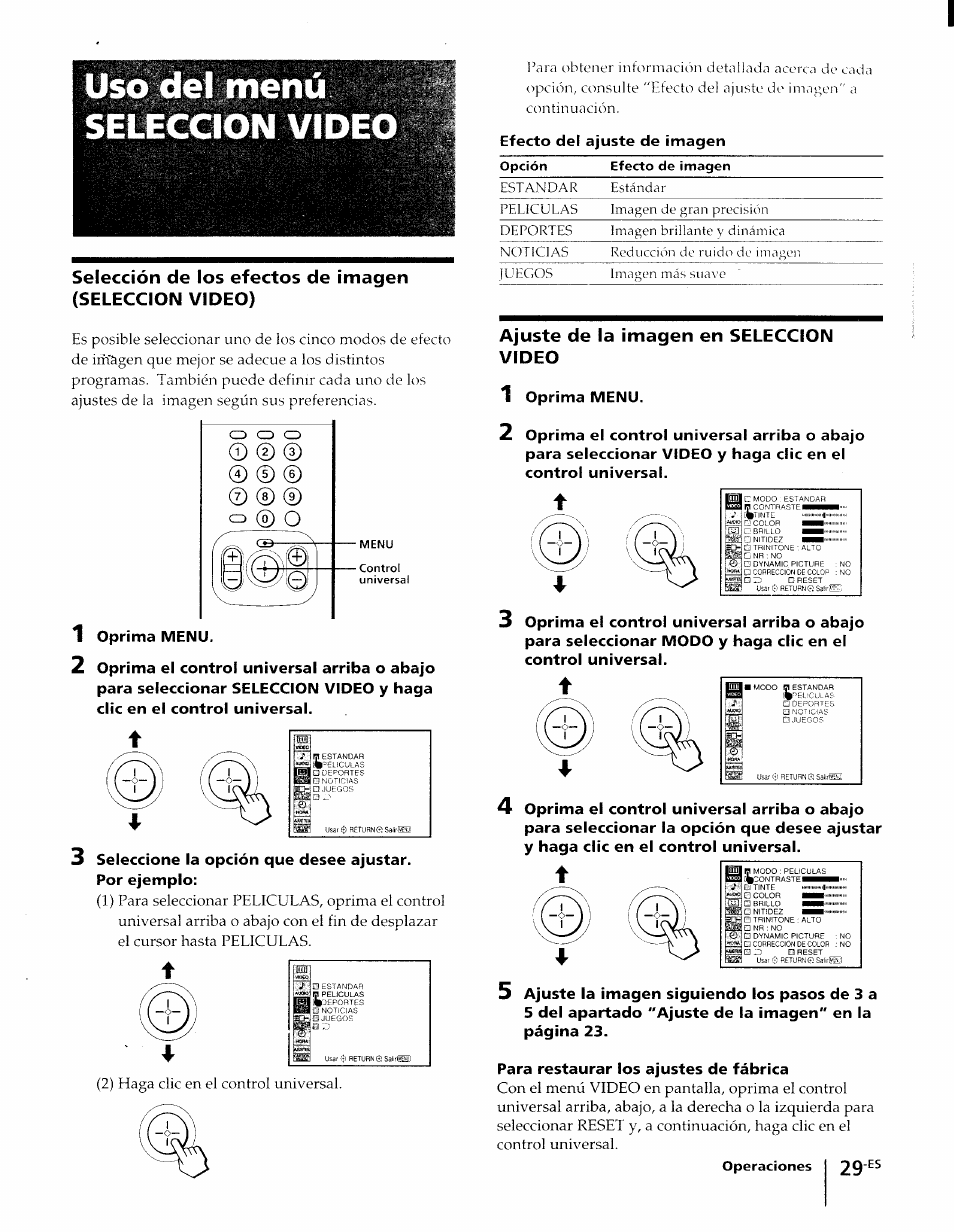 Ajuste de la imagen en seleccion video, Uso del menú seleccion video, 1 oprima menu | Efecto del ajuste de imagen, Oprima menu | Sony KP-61XBR48 User Manual | Page 76 / 95