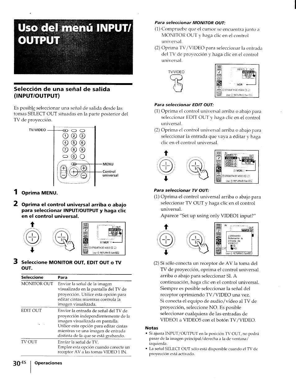 Selección de una señal de salida (input/output), 3 seleccione monitor out, edit out o tv out, Uso d outpu input | Sony KP-61XBR48 User Manual | Page 77 / 95