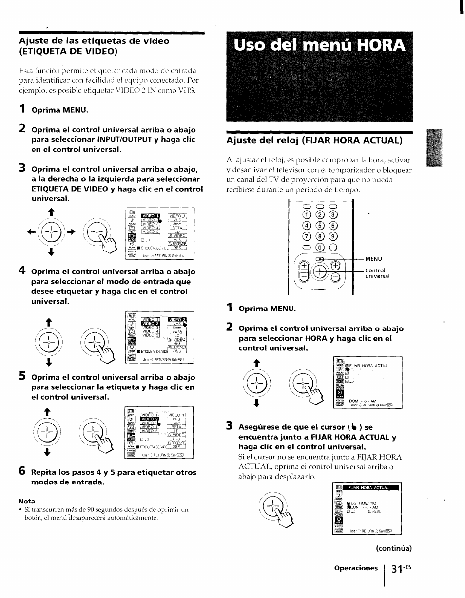 Uso del menú hora, Ajuste del reloj (fijar hora actual), Oprima menu | Sony KP-61XBR48 User Manual | Page 78 / 95