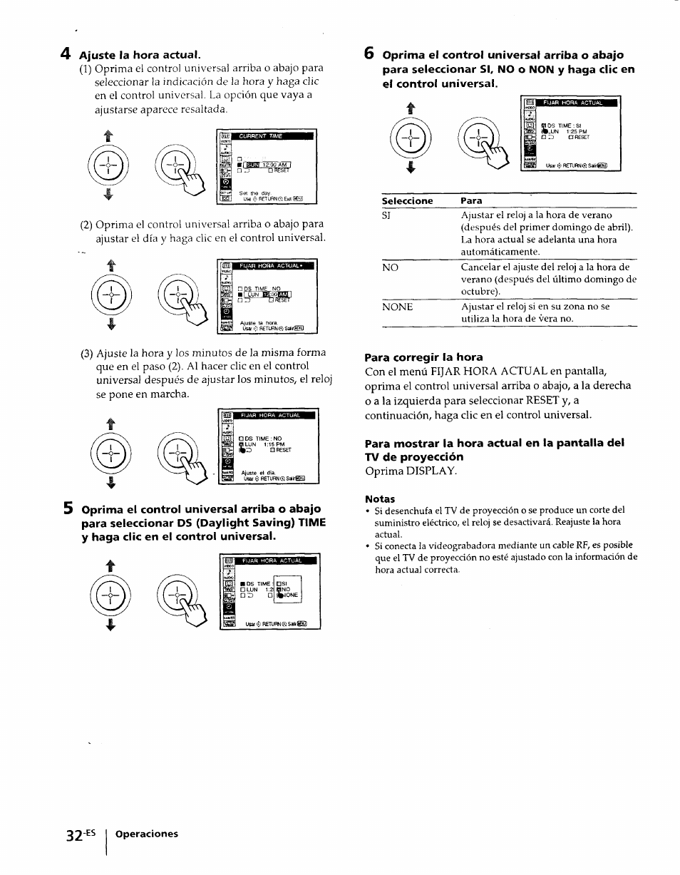 4 ajuste la hora actual, Para corregir la hora, Notas | Ajuste la hora actual | Sony KP-61XBR48 User Manual | Page 79 / 95