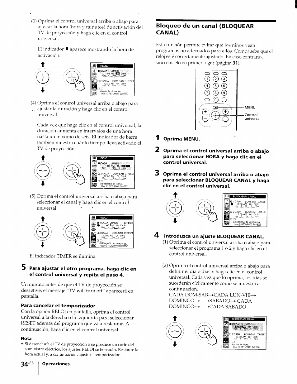 Bloqueo de un canal (bloquear canal), Introduzca un ajuste bloquear canal, Para cancelar el temporizador | Nota | Sony KP-61XBR48 User Manual | Page 81 / 95