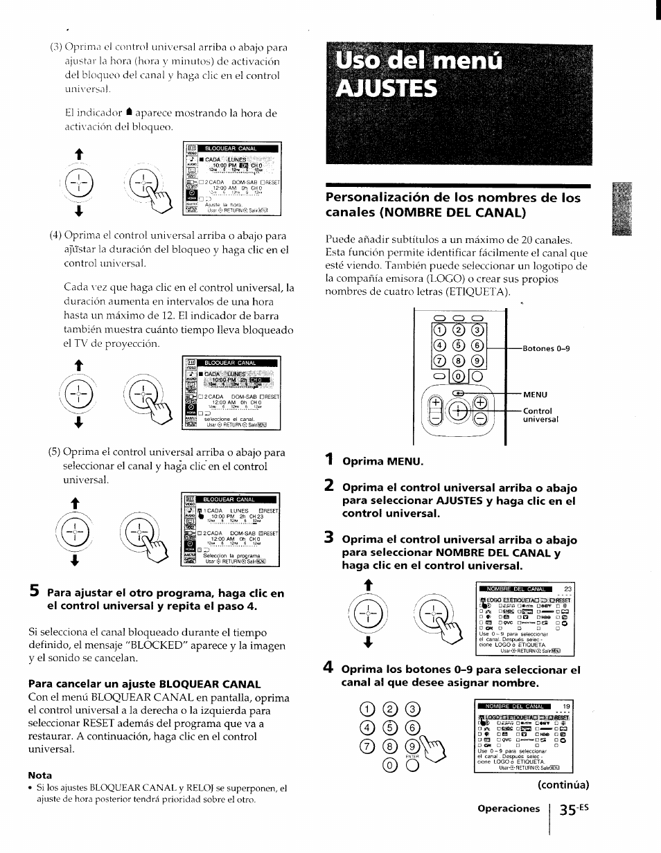 So del menú ajustes, So del menú, Ajustes | 0 0 d, Idid, Para cancelar un ajuste bloquear canal, Nota | Sony KP-61XBR48 User Manual | Page 82 / 95