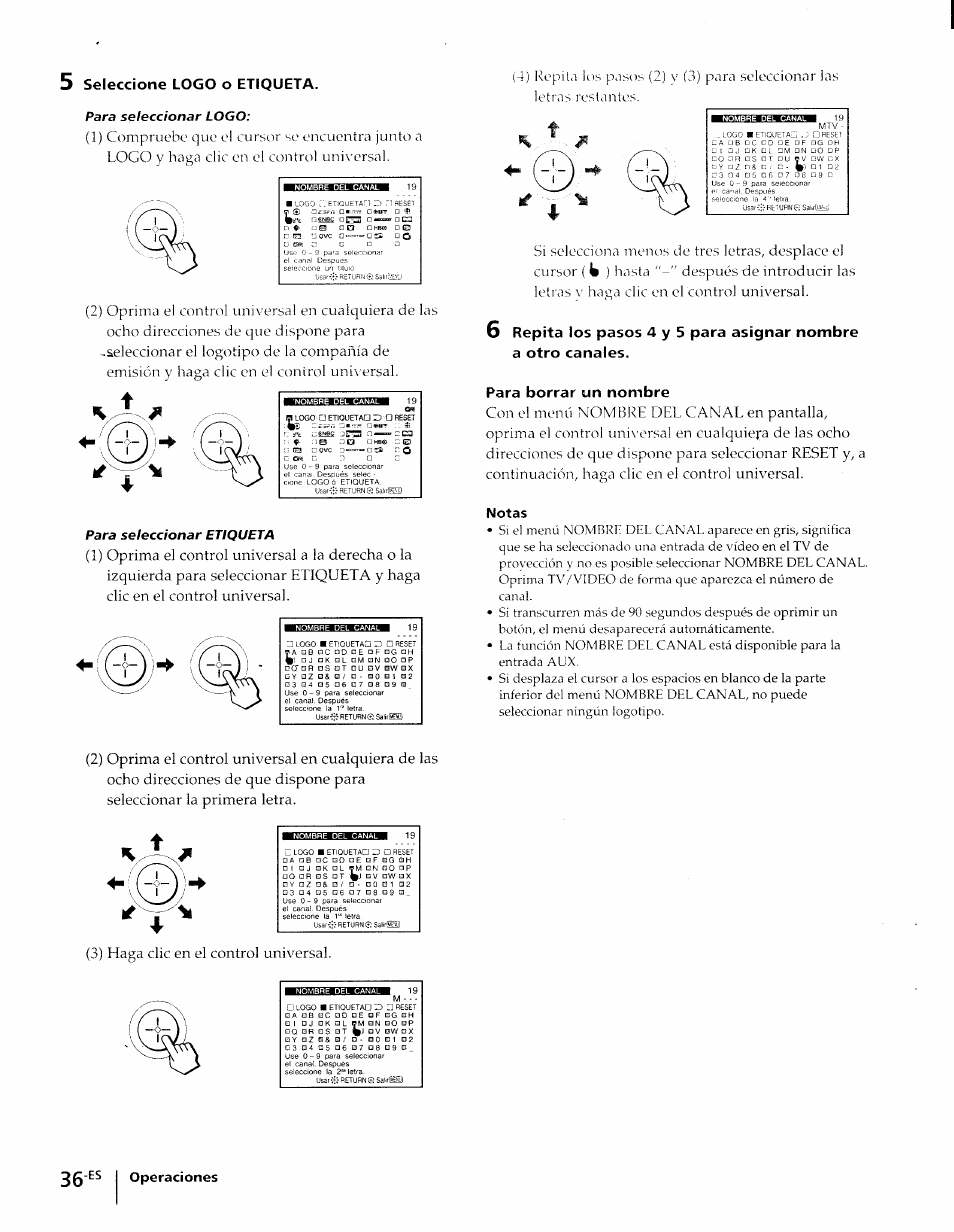 5 seleccione logo o etiqueta, Para borrar un nombre, Seleccione logo o etiqueta | Cgira o—a» zea, Haga clic en el control universal, 3) haga clic en el control universal, Operaciones | Sony KP-61XBR48 User Manual | Page 83 / 95