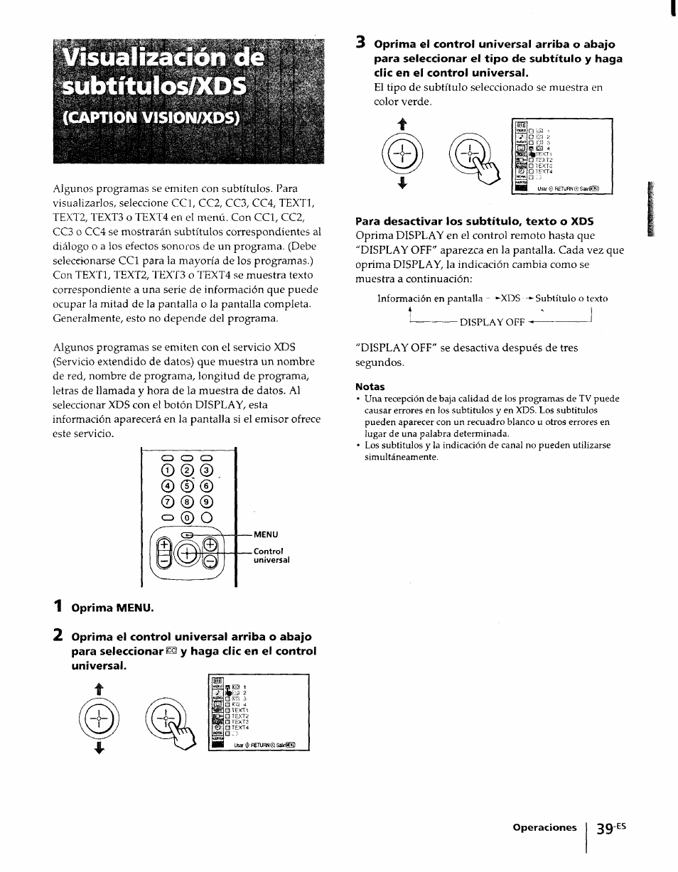 Para desactivar los subtítulo, texto o xds, 1 oprima menu, Notas | Isualizc btitulos, Q © o, Caption vision/xds) | Sony KP-61XBR48 User Manual | Page 86 / 95