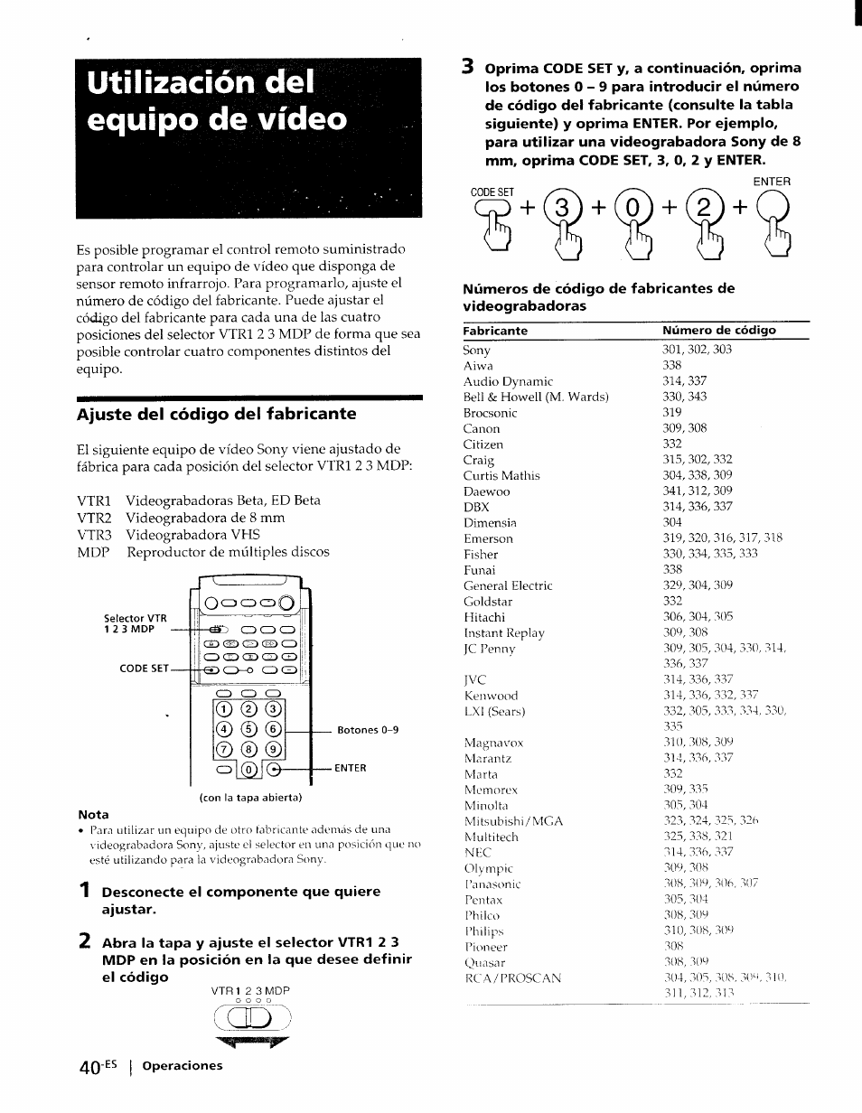 Utilización del equipo de vídeo, Ajuste del código del fabricante | Sony KP-61XBR48 User Manual | Page 87 / 95