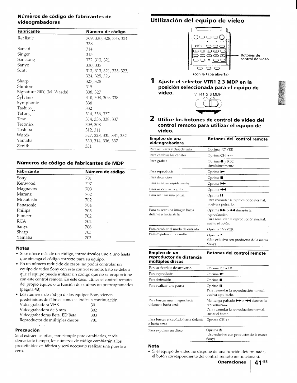 Utilización del equipo de vídeo, Números de código de fabricantes de mdp | Sony KP-61XBR48 User Manual | Page 88 / 95
