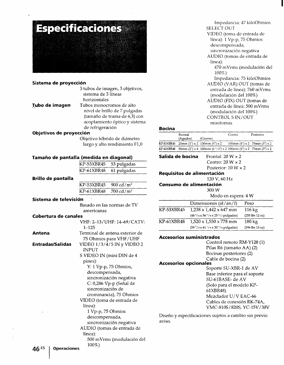 Especificaciones, Sistema de proyección, Bocina | Consumo de alimentación, Accesorios suministrados, Cable de bocina (2) accesorios opcionales | Sony KP-61XBR48 User Manual | Page 94 / 95