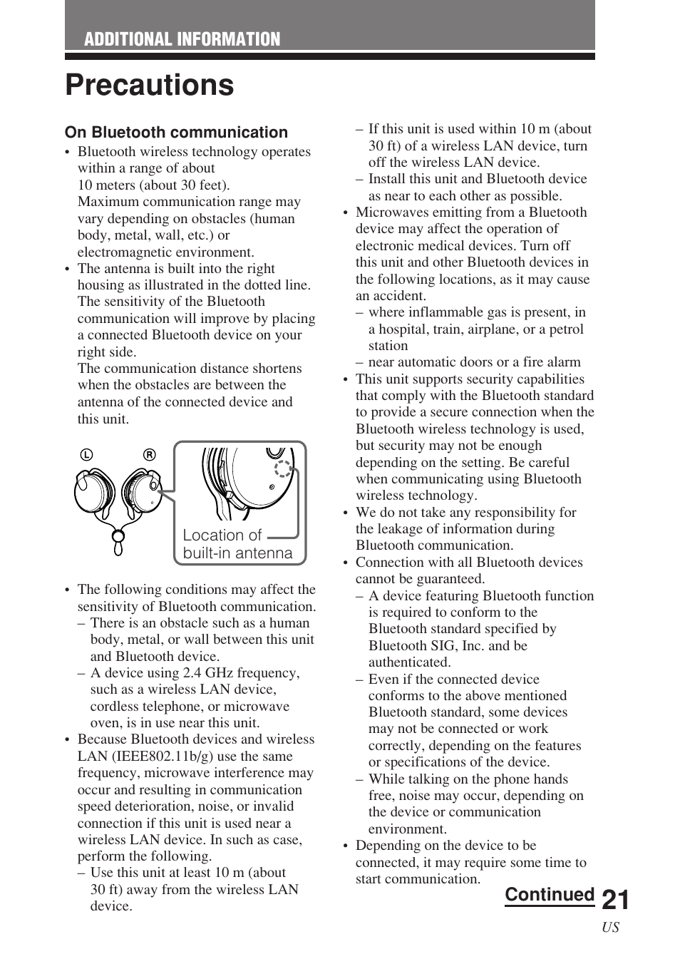 Precautions, Additional information continued | Sony DR-BT140Q User Manual | Page 21 / 56