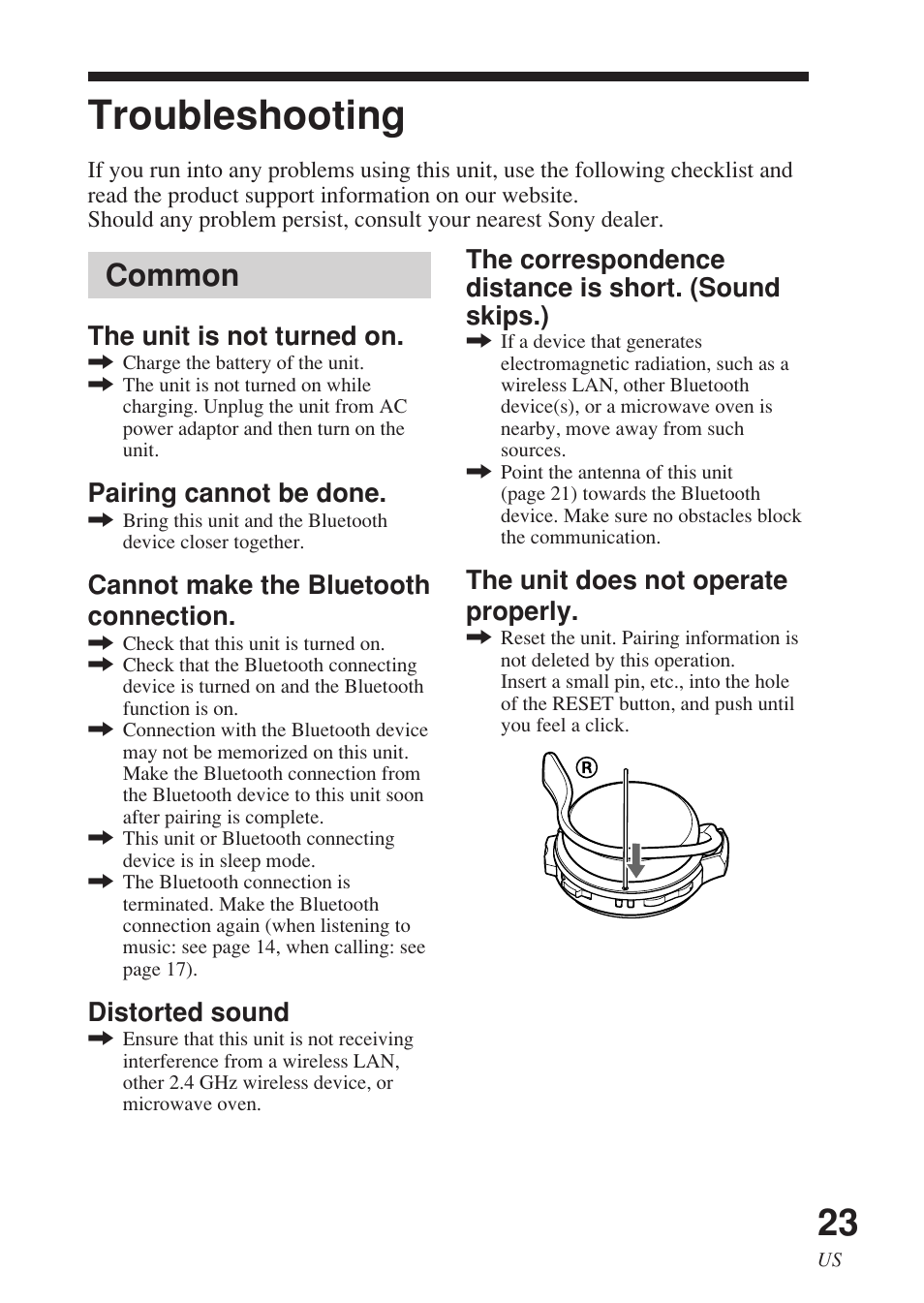 Troubleshooting, Common | Sony DR-BT140Q User Manual | Page 23 / 56