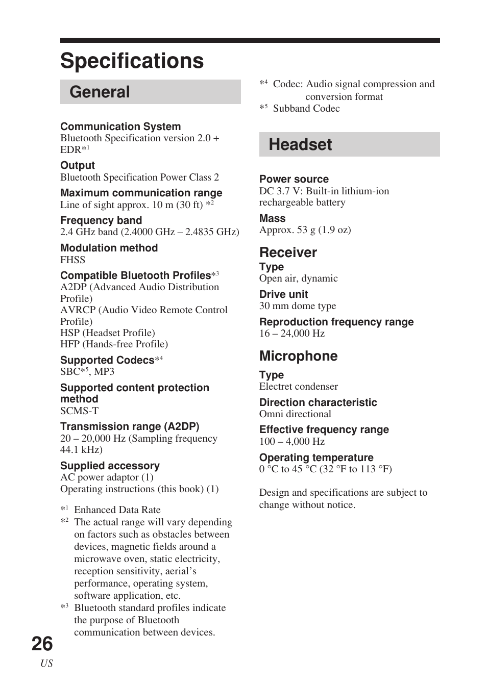 Specifications, Headset, General | Receiver, Microphone | Sony DR-BT140Q User Manual | Page 26 / 56