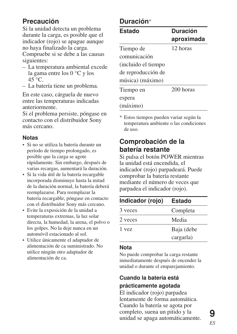 Precaución, Duración, Comprobación de la batería restante | Sony DR-BT140Q User Manual | Page 35 / 56