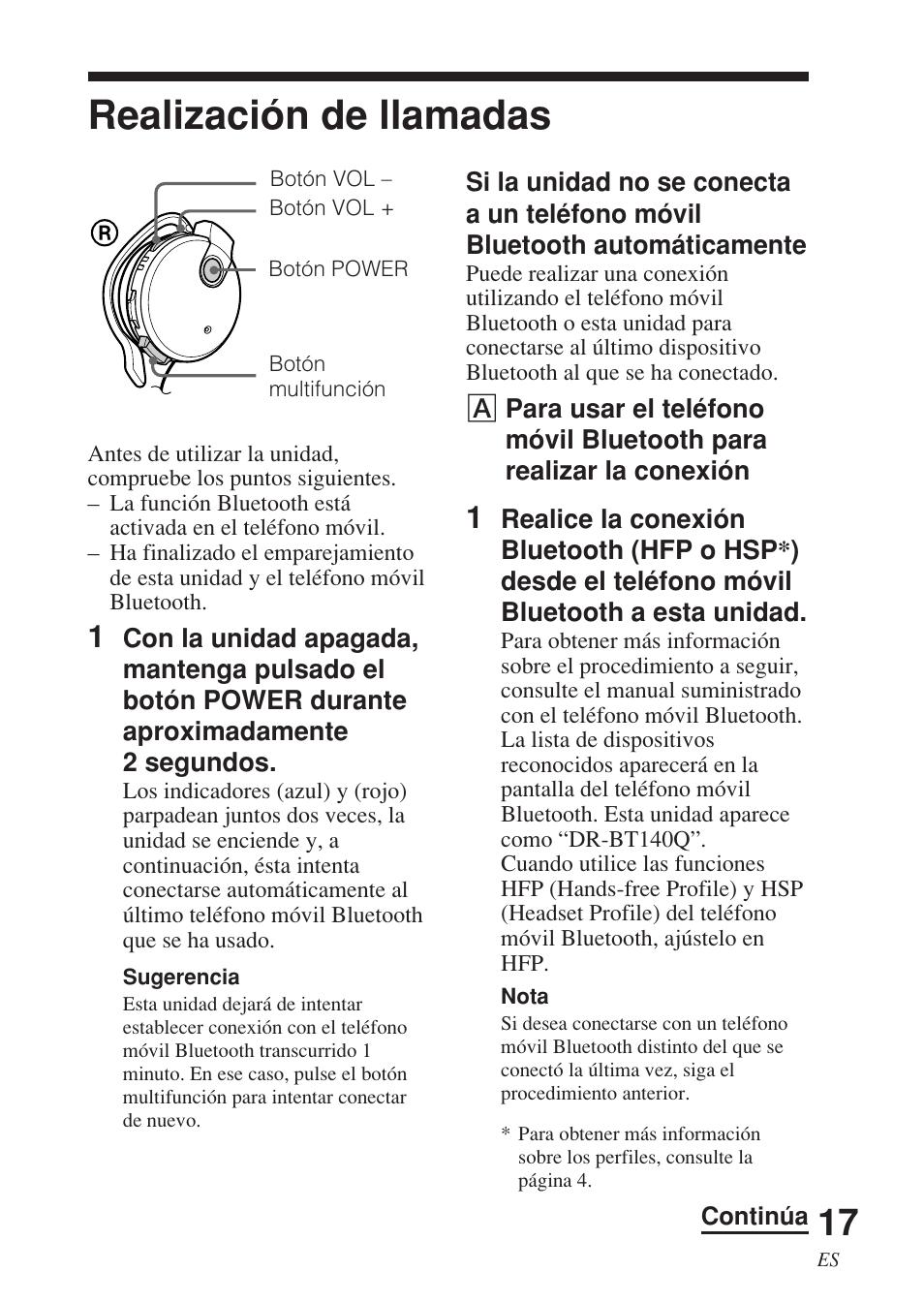 Realización de llamadas, Realización de, Llamadas | Sony DR-BT140Q User Manual | Page 43 / 56