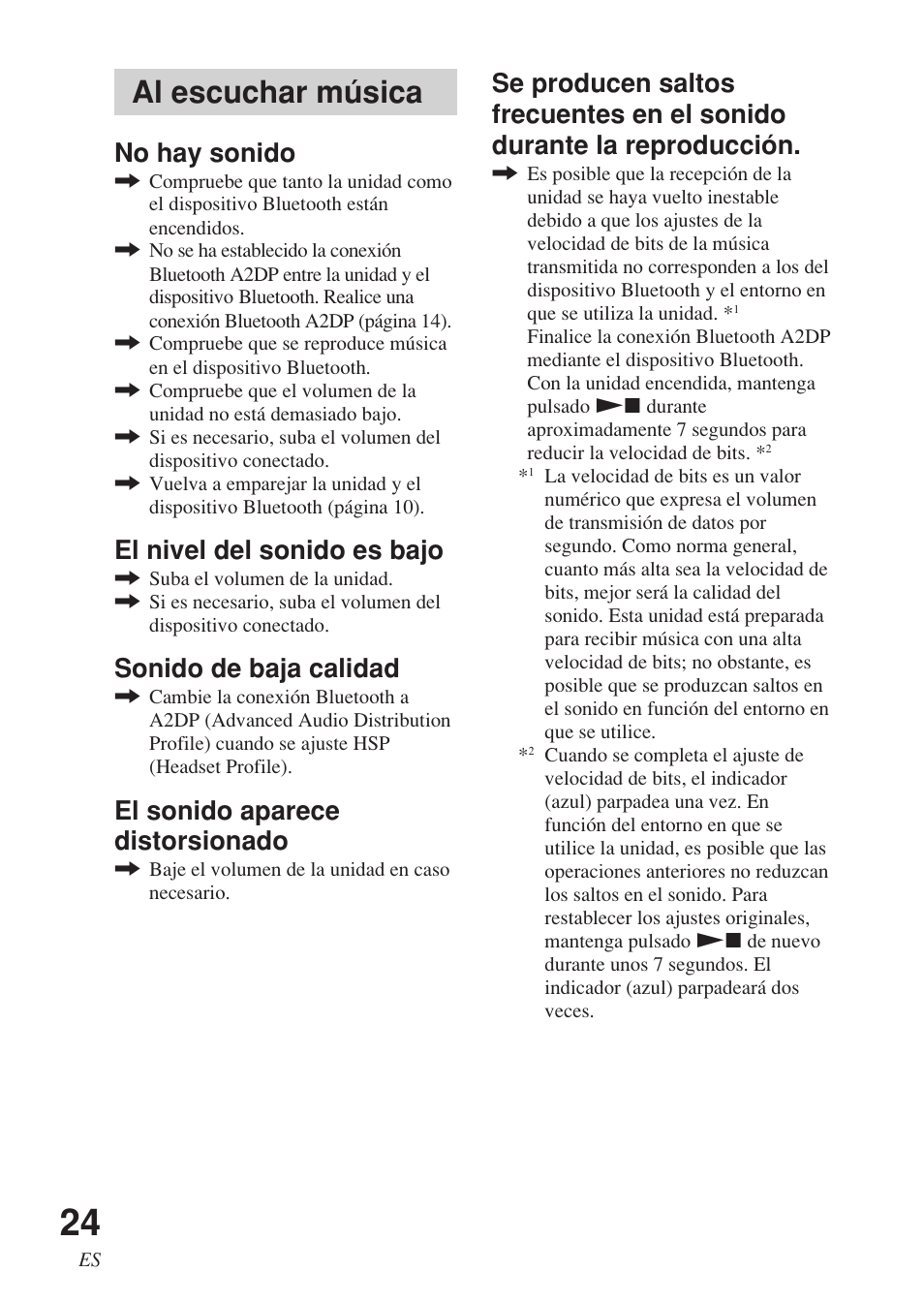 Al escuchar música, No hay sonido, El nivel del sonido es bajo | Sonido de baja calidad, El sonido aparece distorsionado | Sony DR-BT140Q User Manual | Page 50 / 56