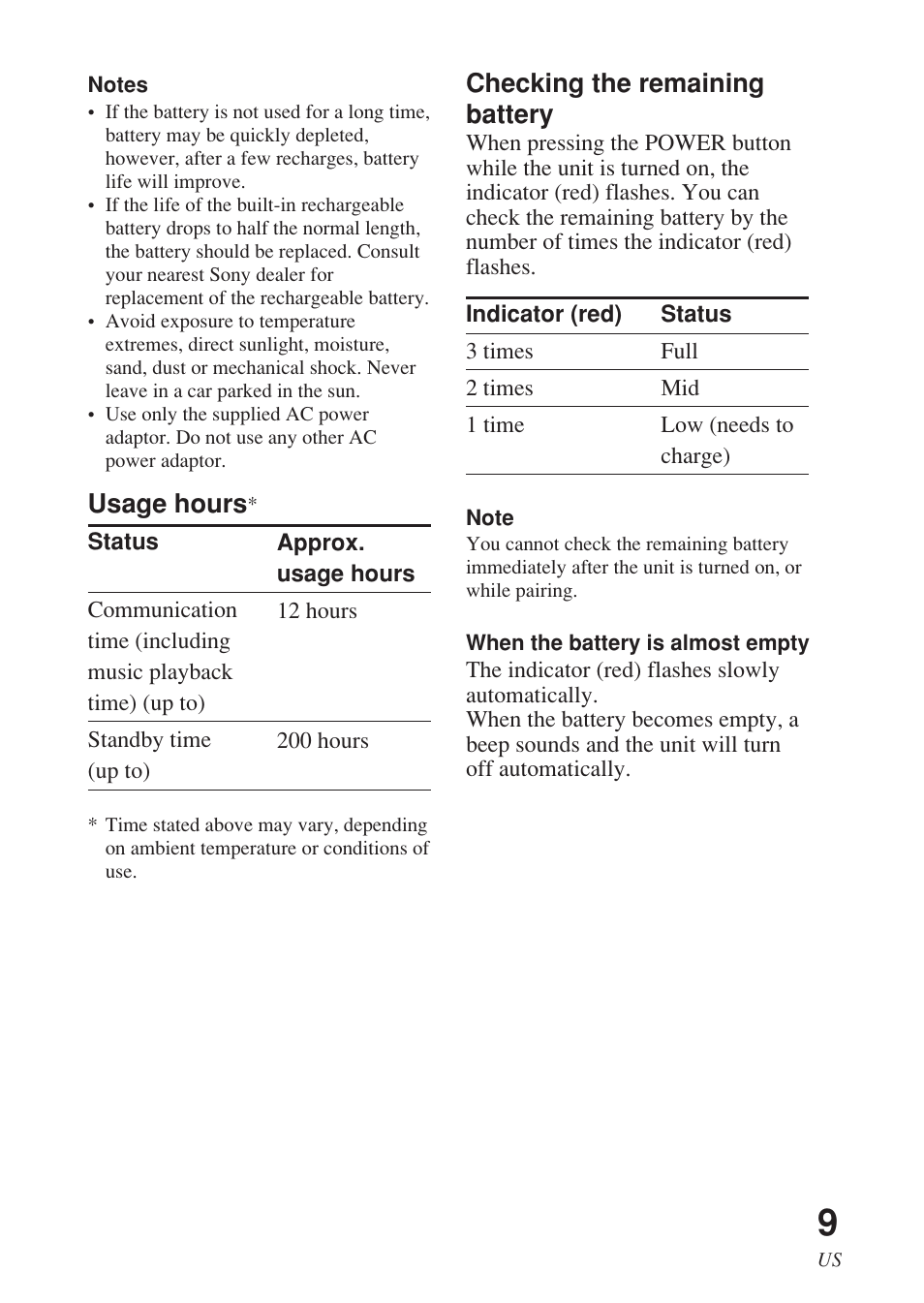 Usage hours, Checking the remaining battery | Sony DR-BT140Q User Manual | Page 9 / 56