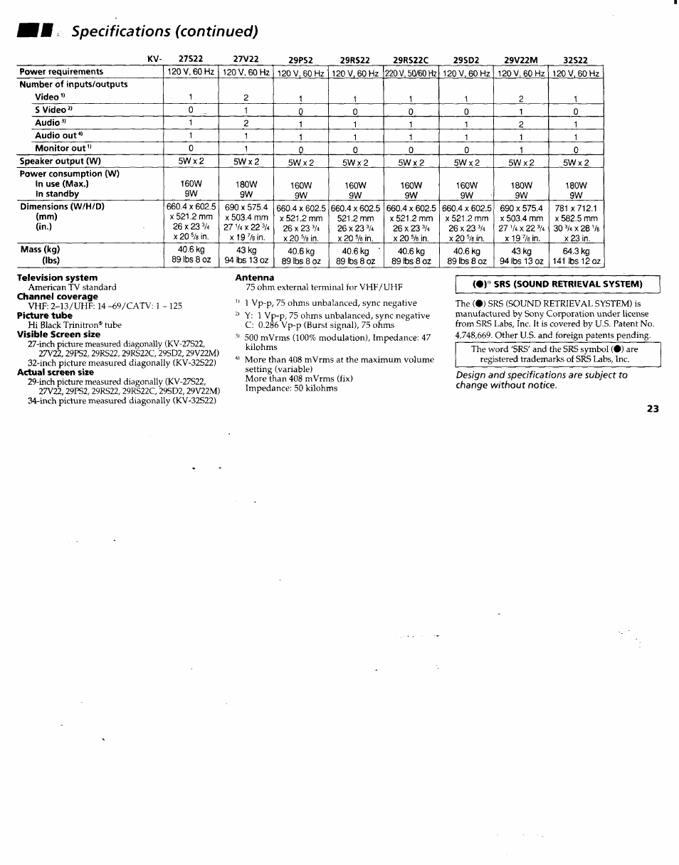 Fji specifications (continued), Specifications (continued) | Sony KV-27V22 User Manual | Page 26 / 28