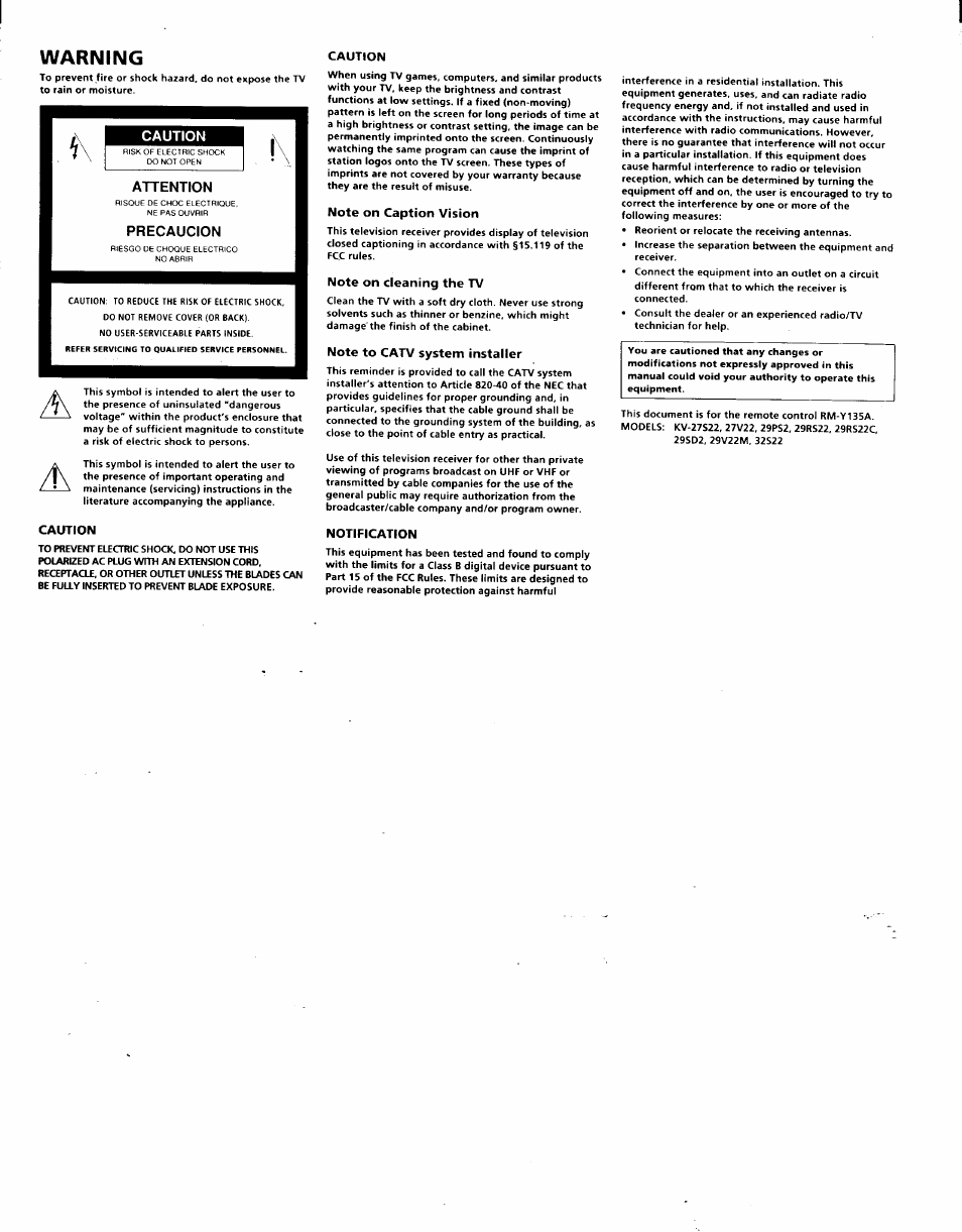 Warning | Sony KV-27V22 User Manual | Page 3 / 28