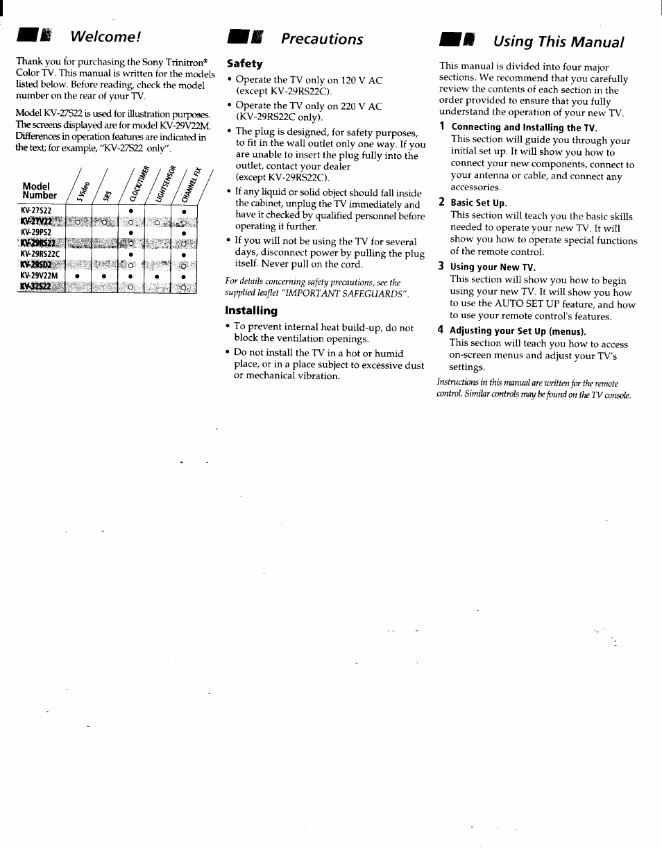Safety, Installing, Welcome | Fimm precautions, Using this manual | Sony KV-27V22 User Manual | Page 4 / 28