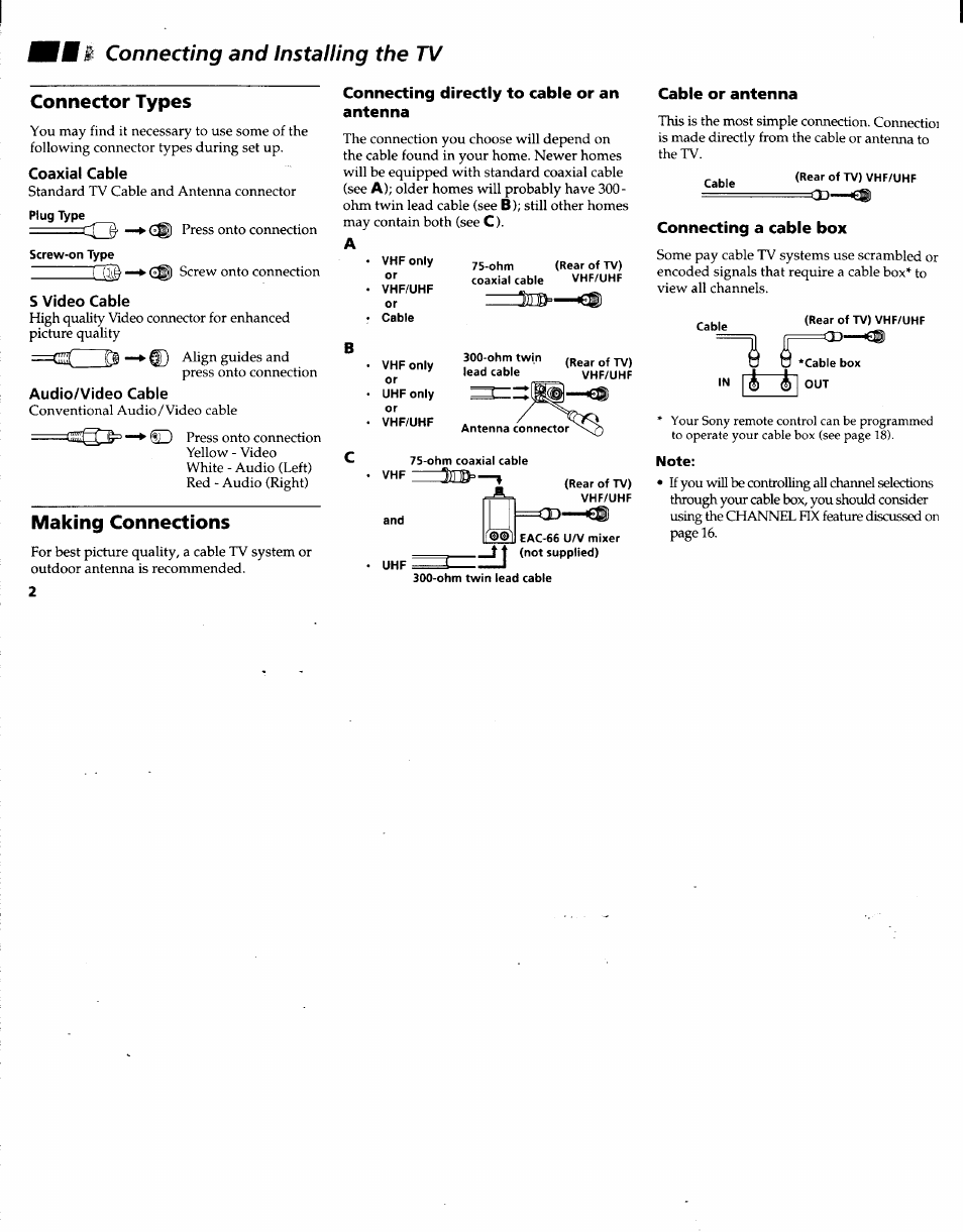 Fm i connecting and installing the tv, Connector types, Coaxial cable | Connecting directly to cable or an antenna, Making connections, Cable or antenna, Connecting a cable box, Connecting and installing the tv, Fm i | Sony KV-27V22 User Manual | Page 5 / 28