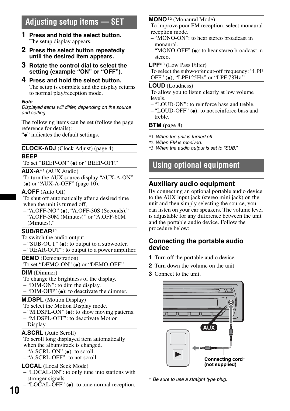 Adjusting setup items - set, Using optional equipment, Auxiliary audio equipment | Adjusting setup items — set | Sony CDX-GT23W User Manual | Page 10 / 52