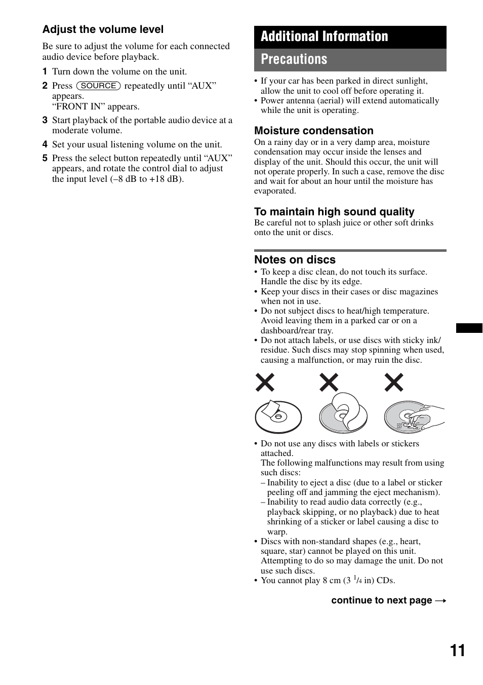 Additional information, Precautions, Notes on discs | Additional information precautions | Sony CDX-GT23W User Manual | Page 11 / 52