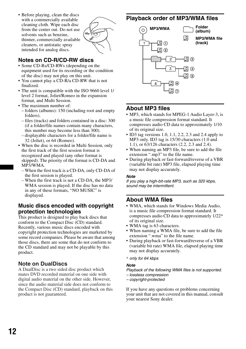 Playback order of mp3/wma files, About mp3 files, About wma files | Playback order of mp3/wma files about mp3 files | Sony CDX-GT23W User Manual | Page 12 / 52