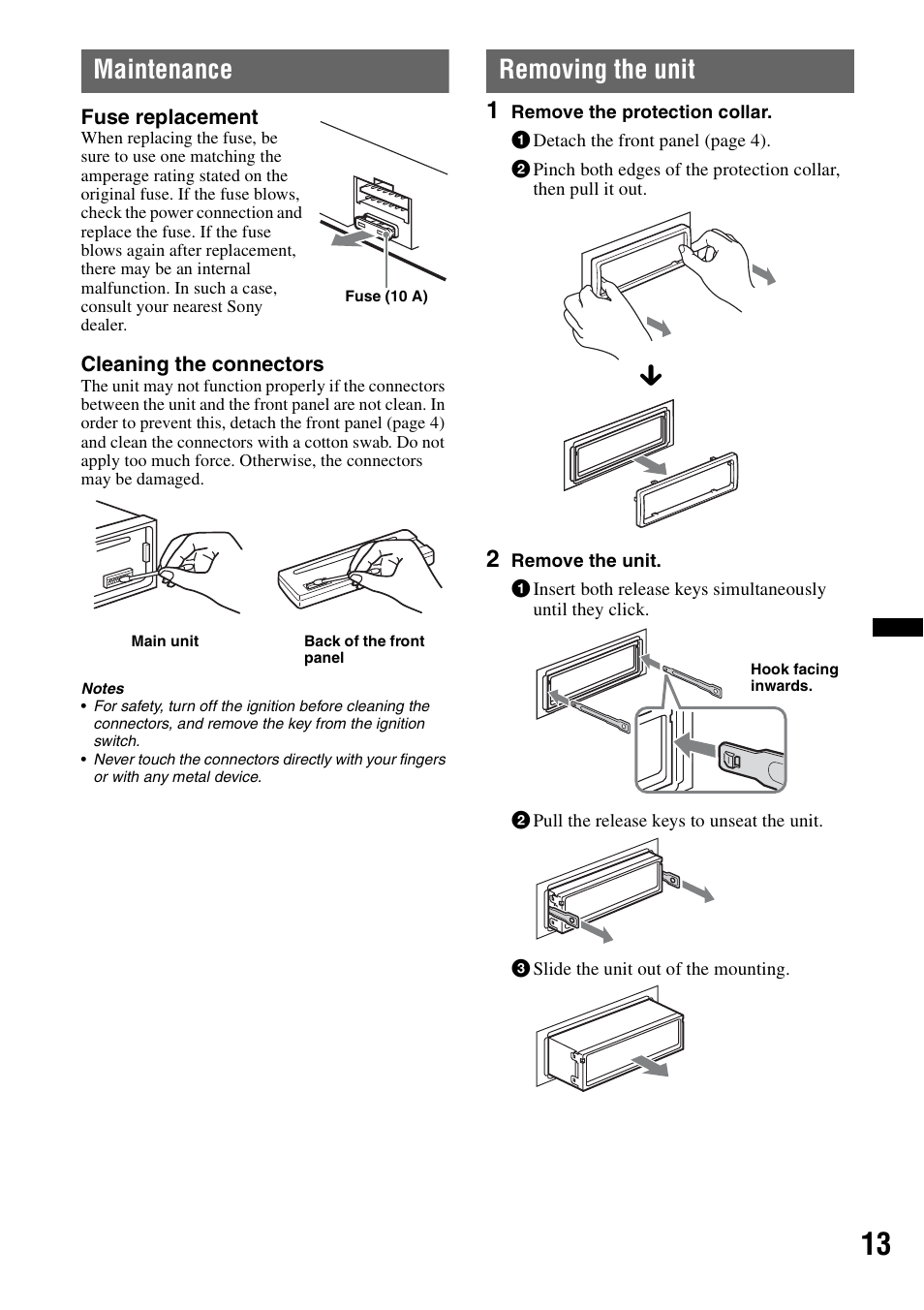 Maintenance, Removing the unit, Maintenance removing the unit | Sony CDX-GT23W User Manual | Page 13 / 52